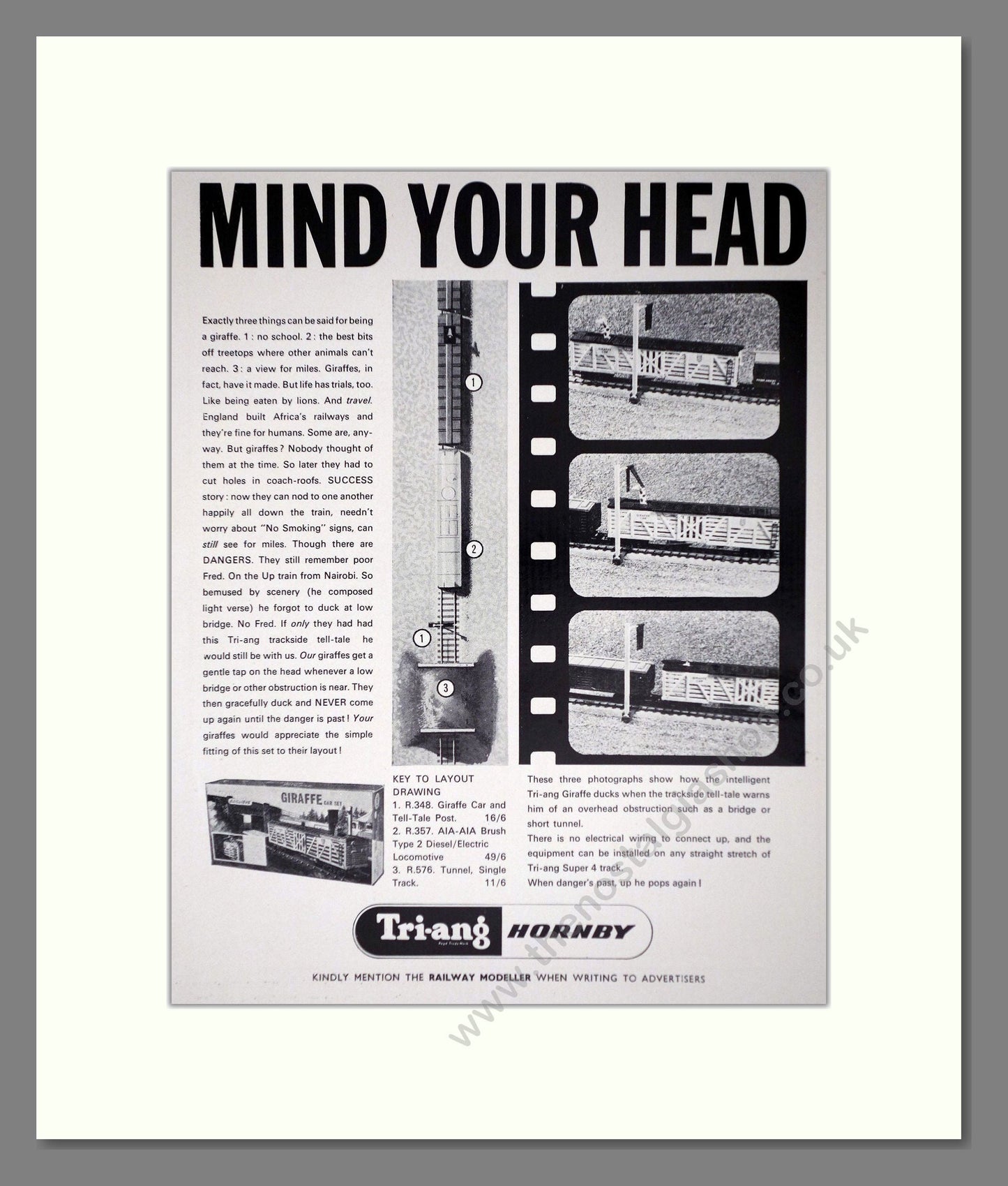 Hornby - Mind Your Head Giraffe Transporter. Vintage Advert 1965 (ref AD65811)
