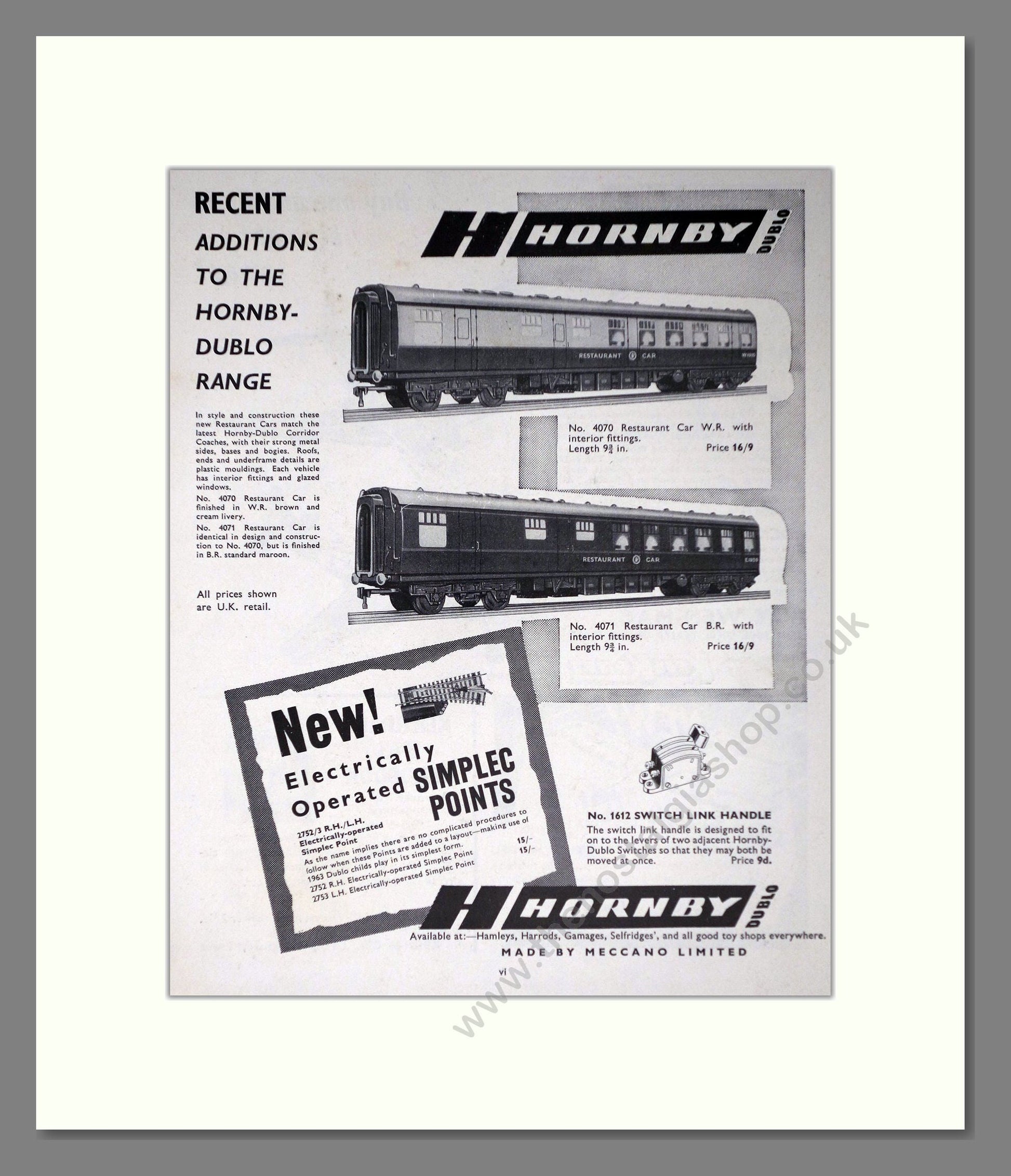 Hornby - Dublo Recent Additions. Vintage Advert 1963 (ref AD65817)