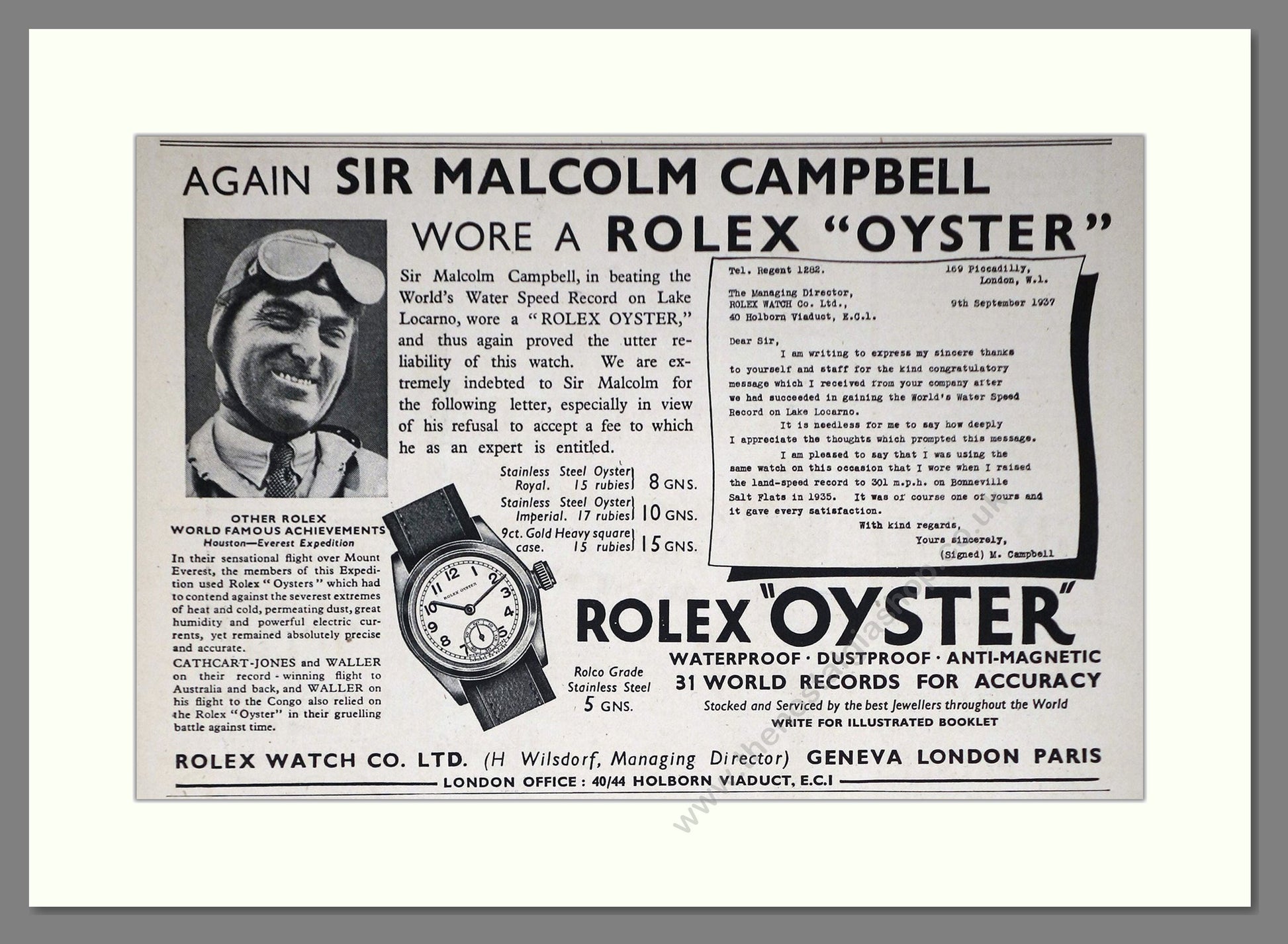 Rolex - Oyster. Vintage Advert 1937 (ref AD66463)