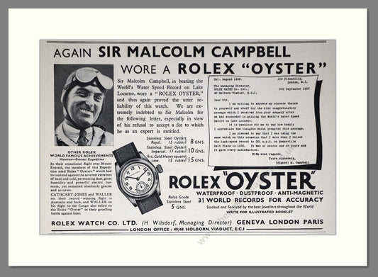 Rolex - Oyster. Vintage Advert 1937 (ref AD66463)