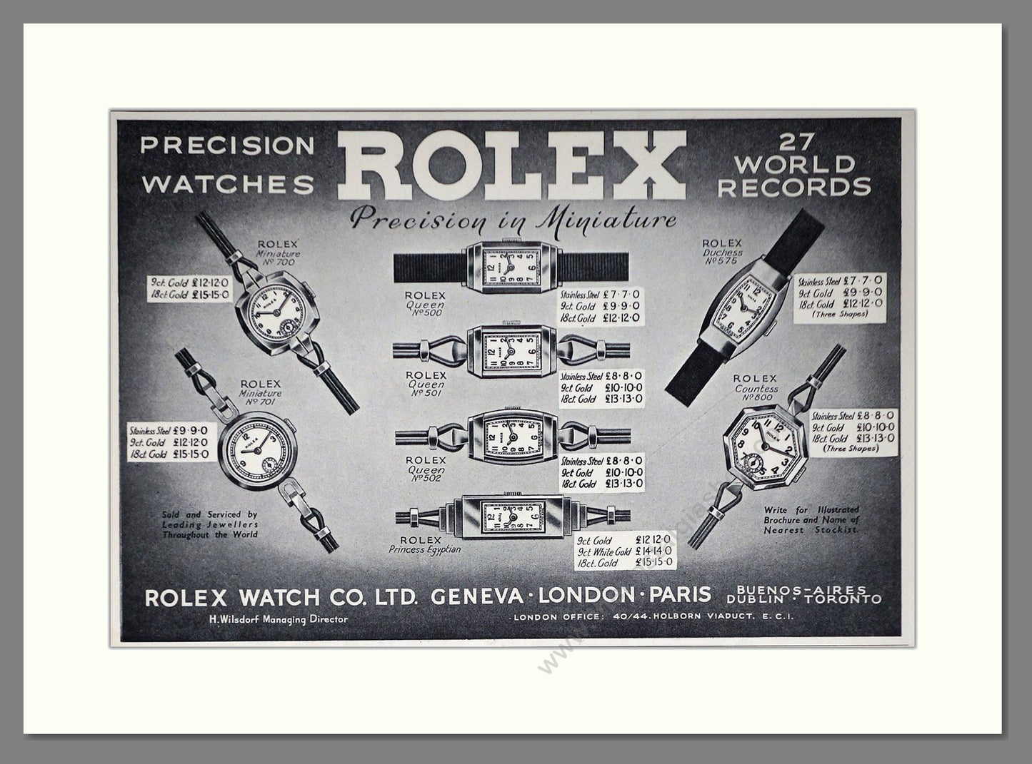 Rolex - Miniature / Countess / Duchess / Queen / Princess. Vintage Advert 1936 (ref AD66466)
