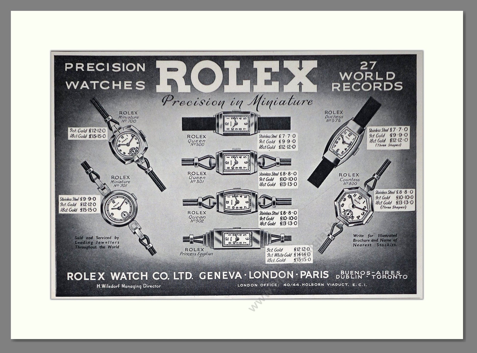 Rolex - Miniature / Countess / Duchess / Queen / Princess. Vintage Advert 1936 (ref AD66466)