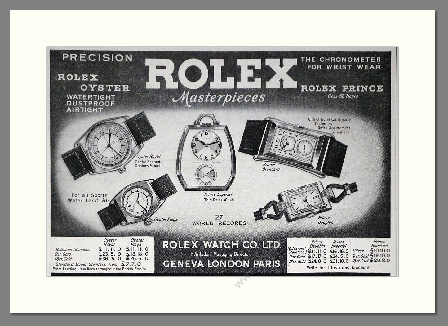 Rolex - Oyster / Prince. Vintage Advert 1935 (ref AD66467)