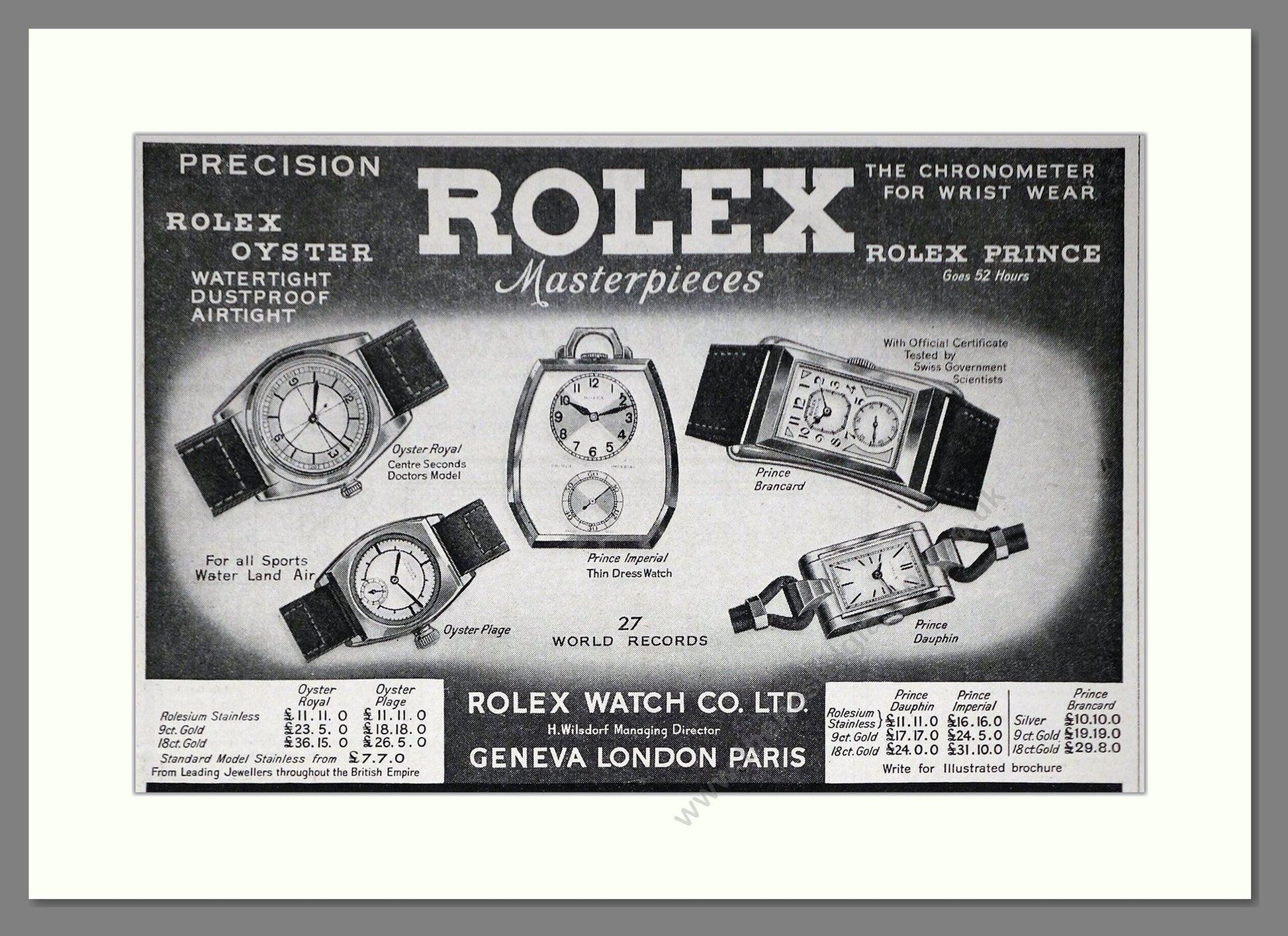 Rolex - Oyster / Prince. Vintage Advert 1935 (ref AD66467)