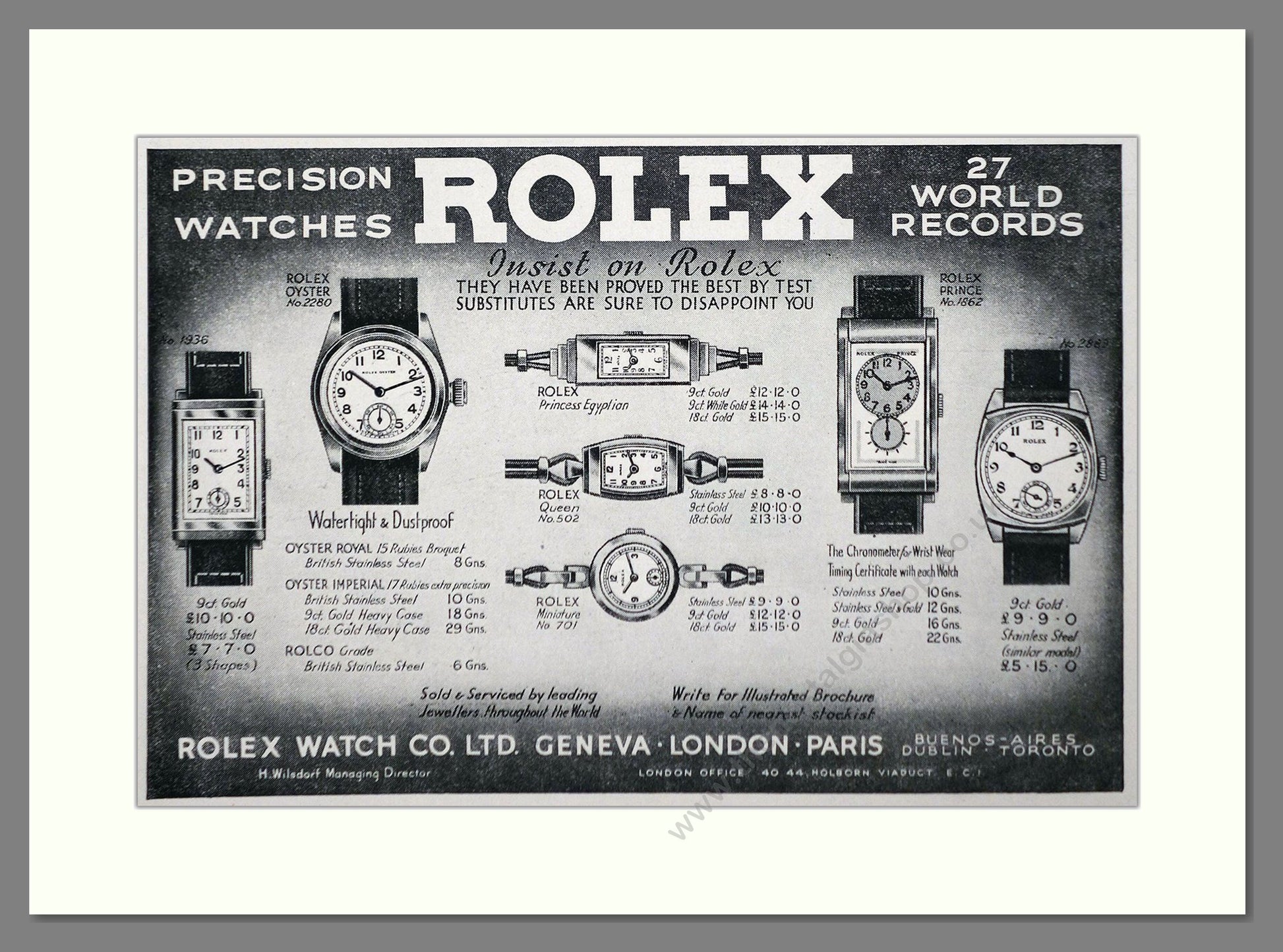 Rolex - Oyster / Prince. Vintage Advert 1938 (ref AD66469)