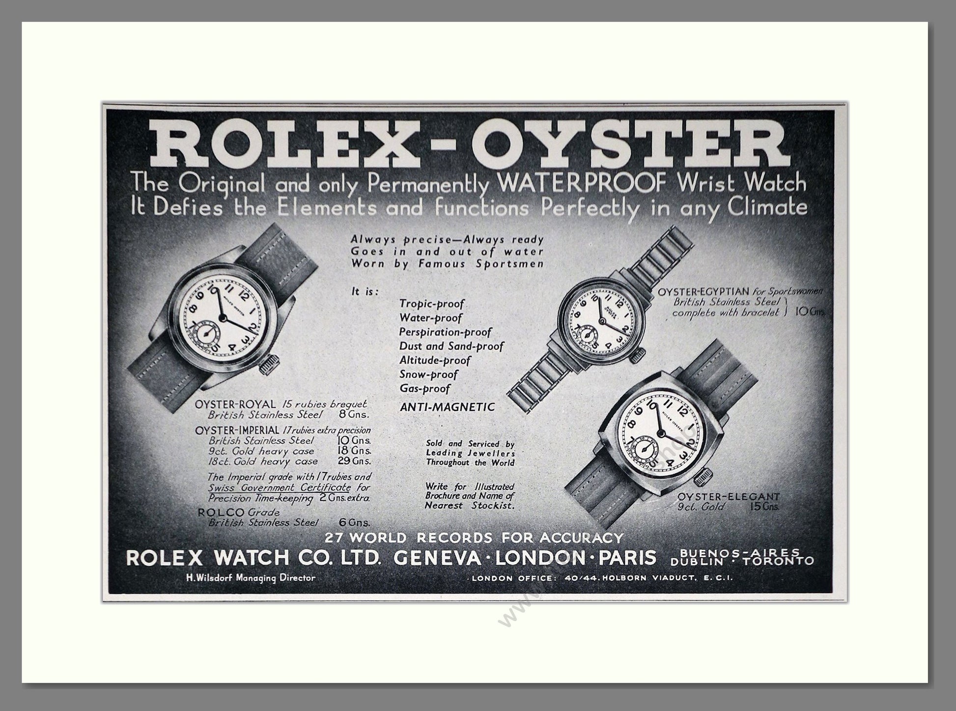 Rolex - Oyster. Vintage Advert 1937 (ref AD66471)
