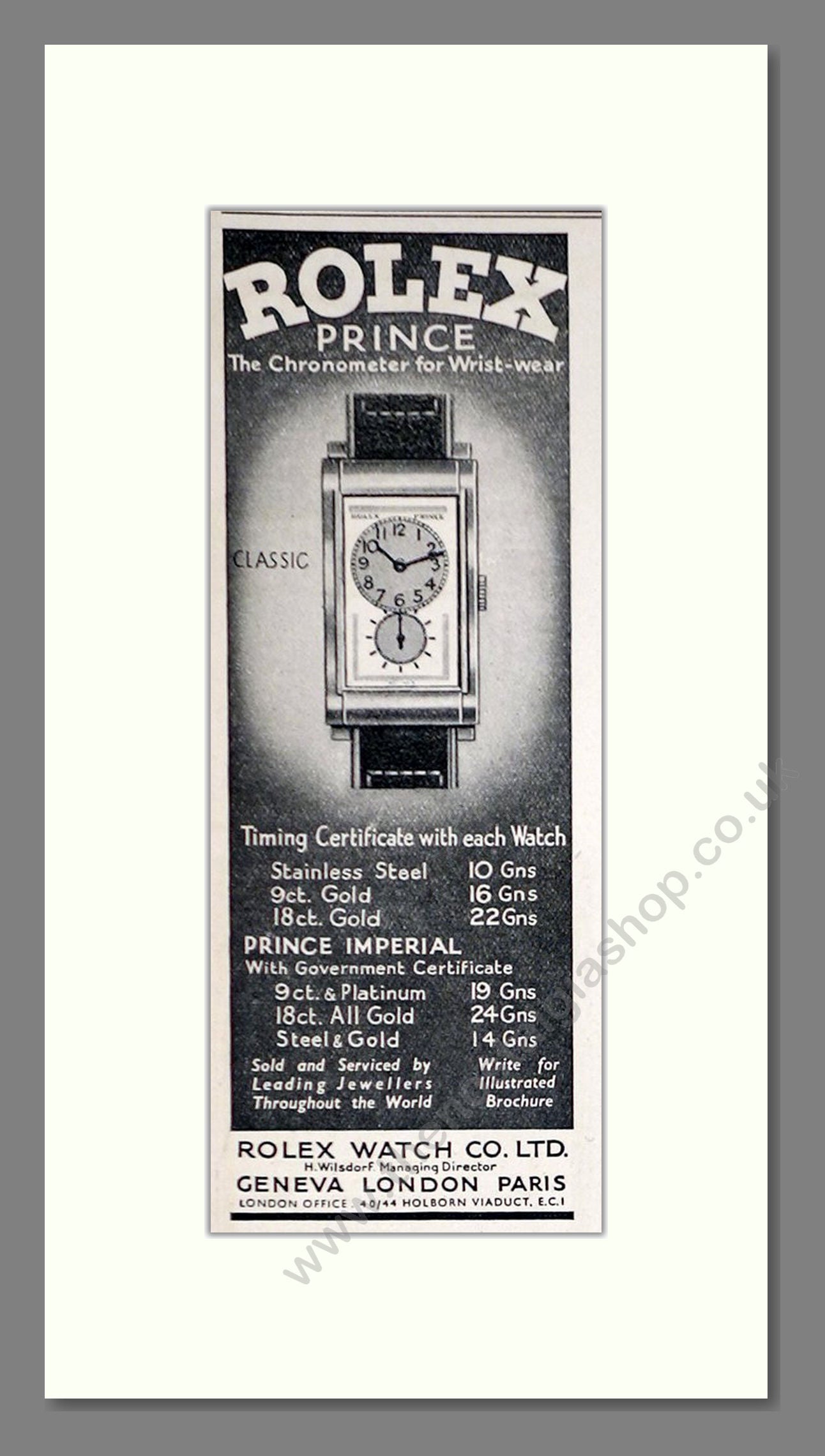 Rolex - Prince Classic. Vintage Advert 1937 (ref AD66475)