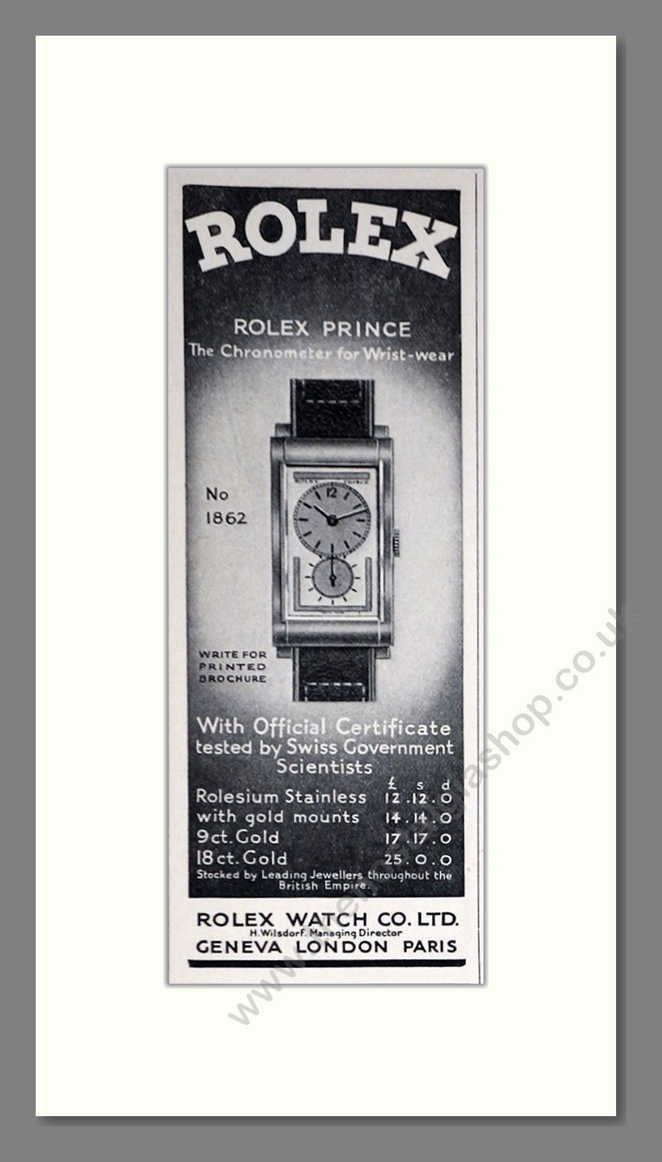 Rolex - Prince 1862. Vintage Advert 1935 (ref AD66477)