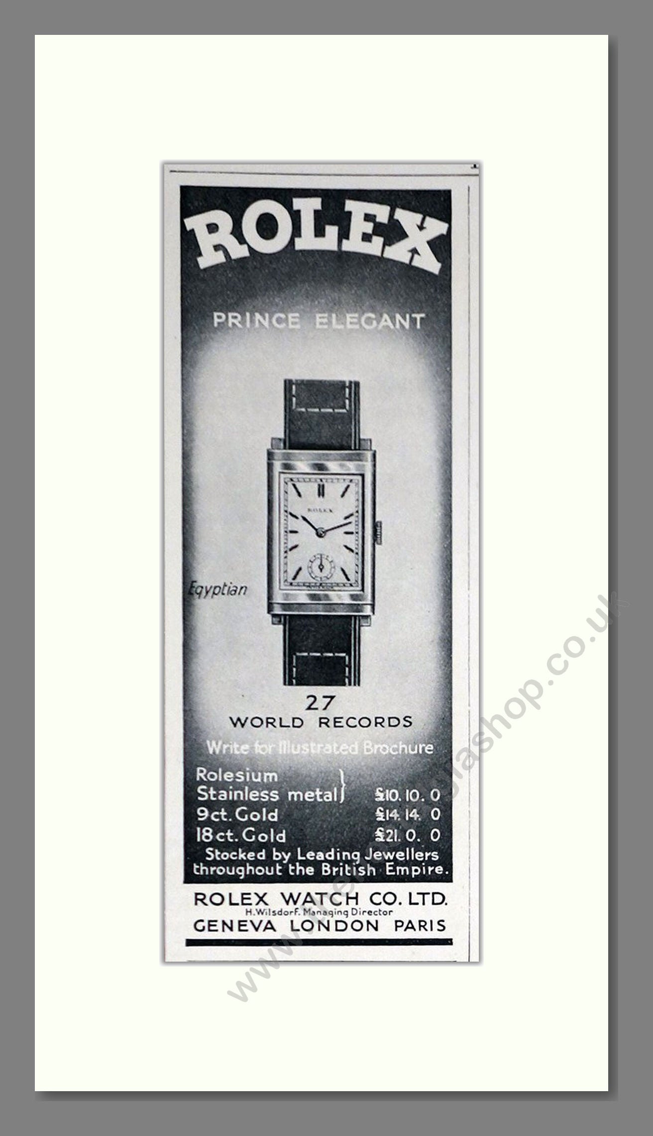Rolex - Prince Elegant Egyptian. Vintage Advert 1934 (ref AD66479)