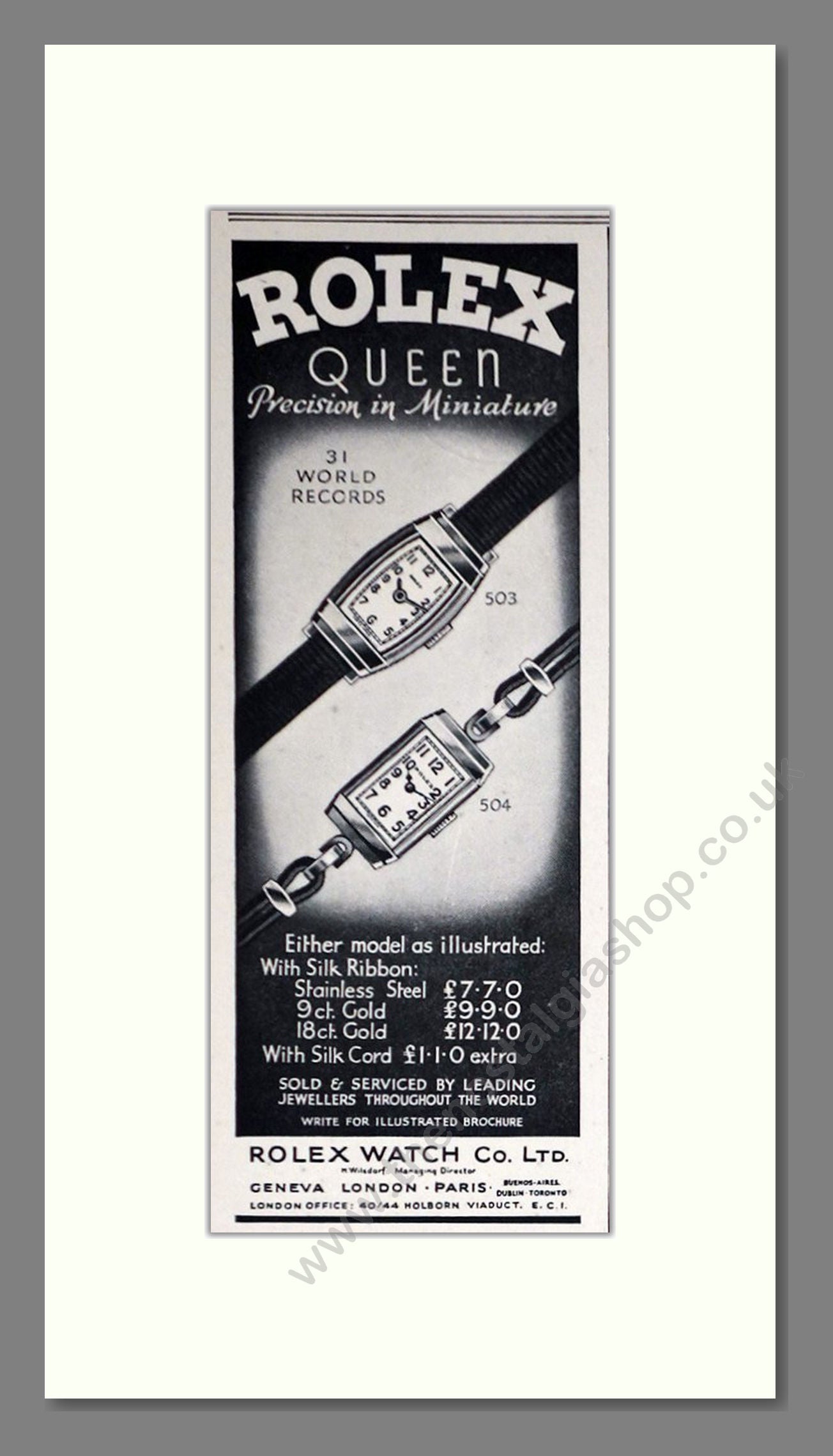 Rolex - Queen. Vintage Advert 1938 (ref AD66481)