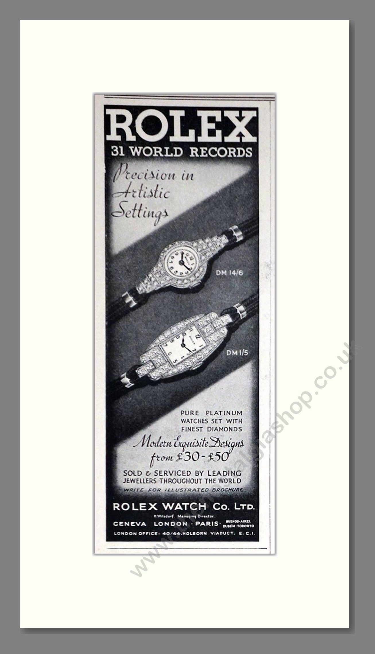 Rolex - Platinum Watches. Vintage Advert 1938 (ref AD66482)