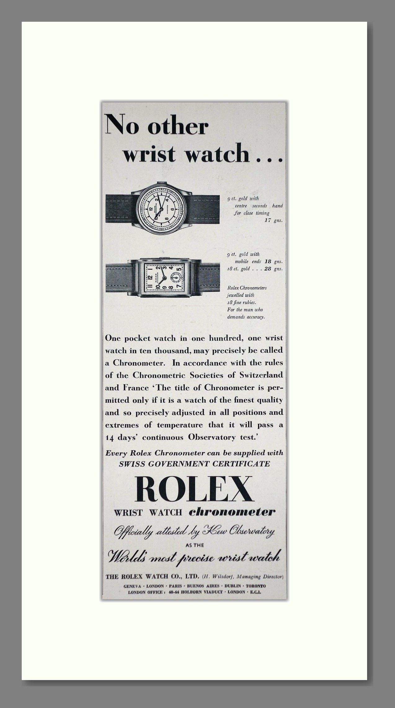 Rolex - Chronometers. Vintage Advert 1938 (ref AD66487)