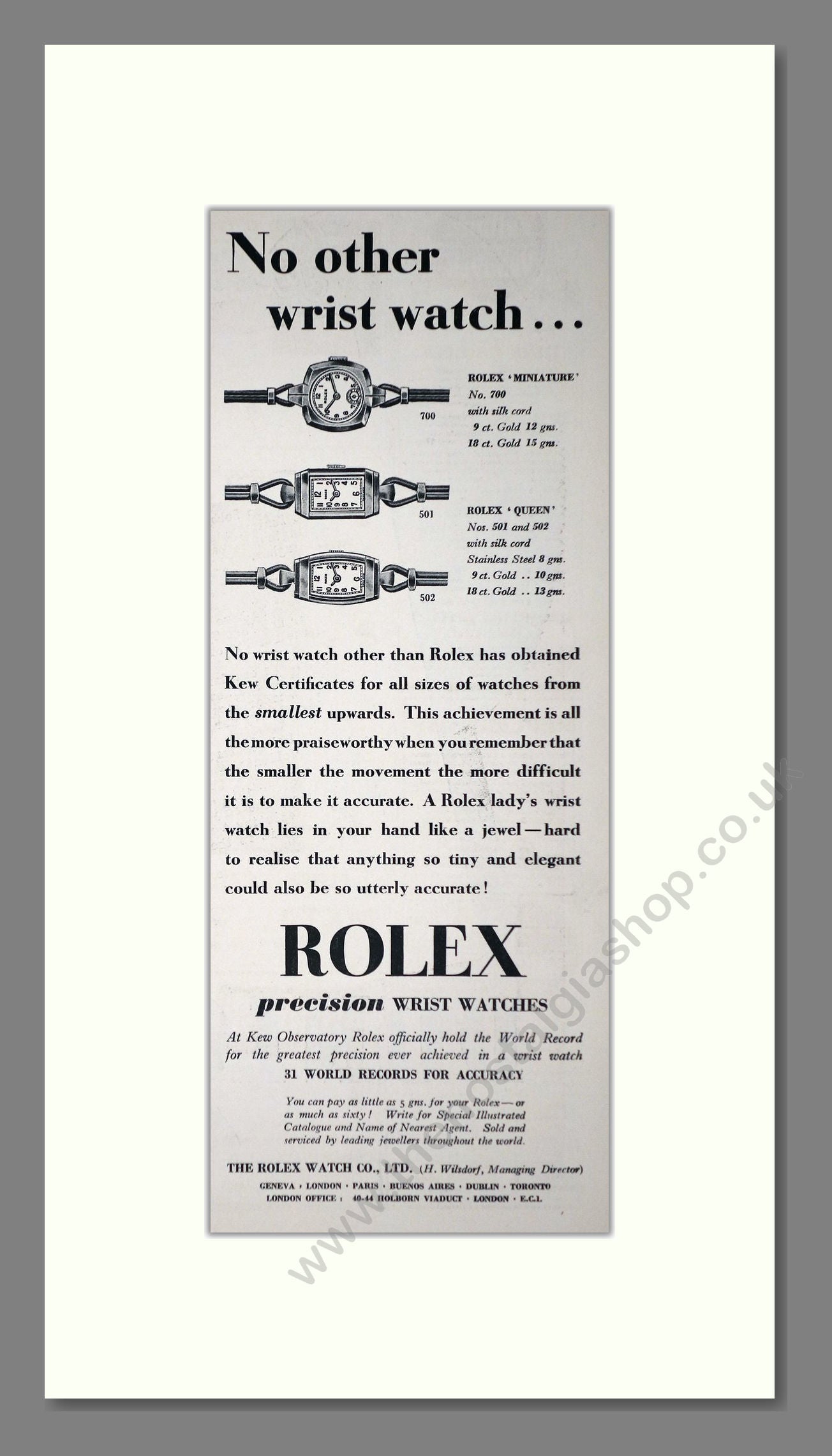 Rolex - Queen / Miniature. Vintage Advert 1938 (ref AD66489)