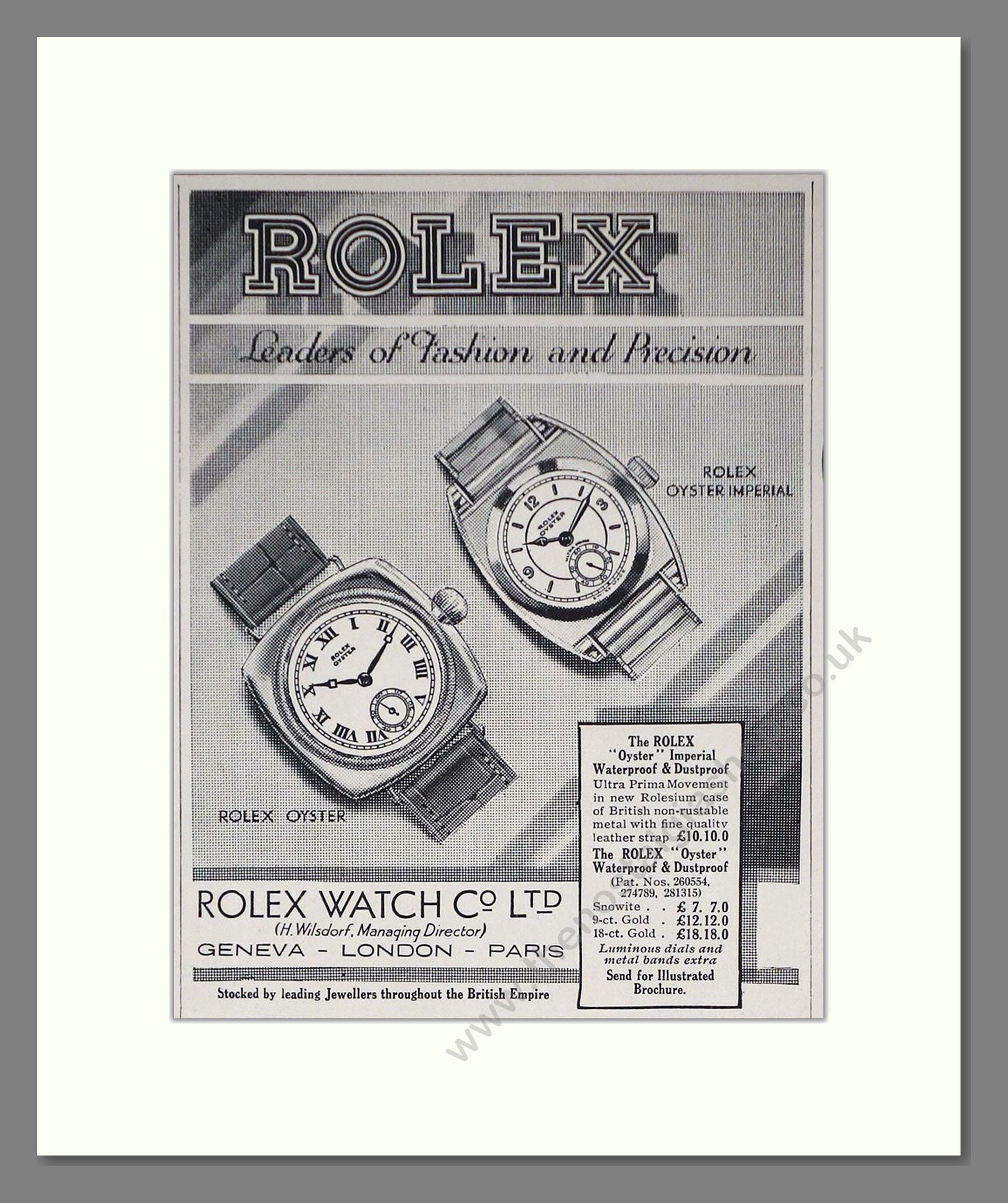Rolex - Oyster / Oyster Imperial. Vintage Advert 1933 (ref AD66512)
