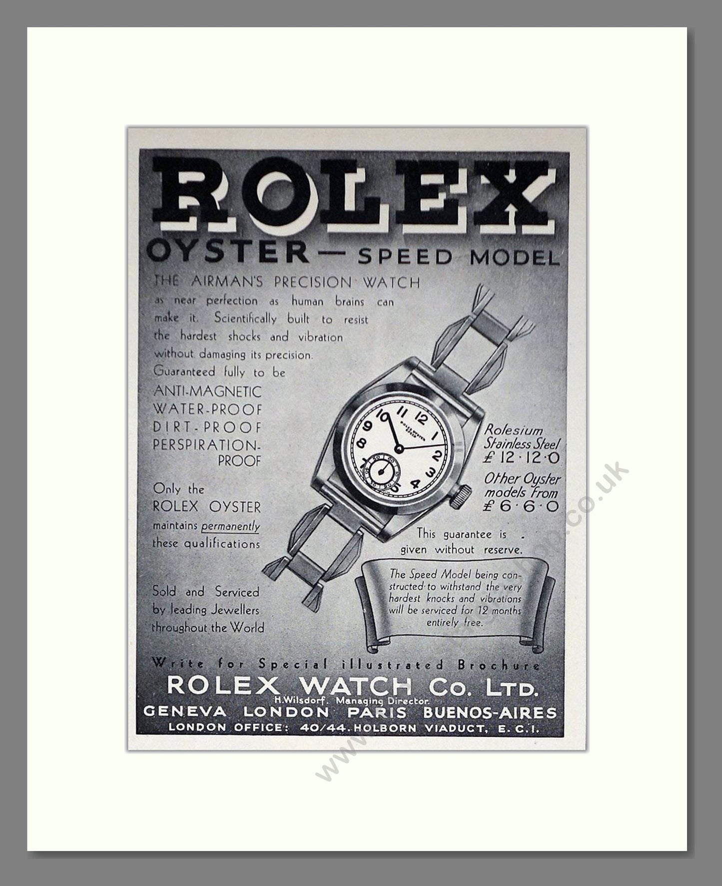 Rolex - Oyster Speed. Vintage Advert 1937 (ref AD66515)