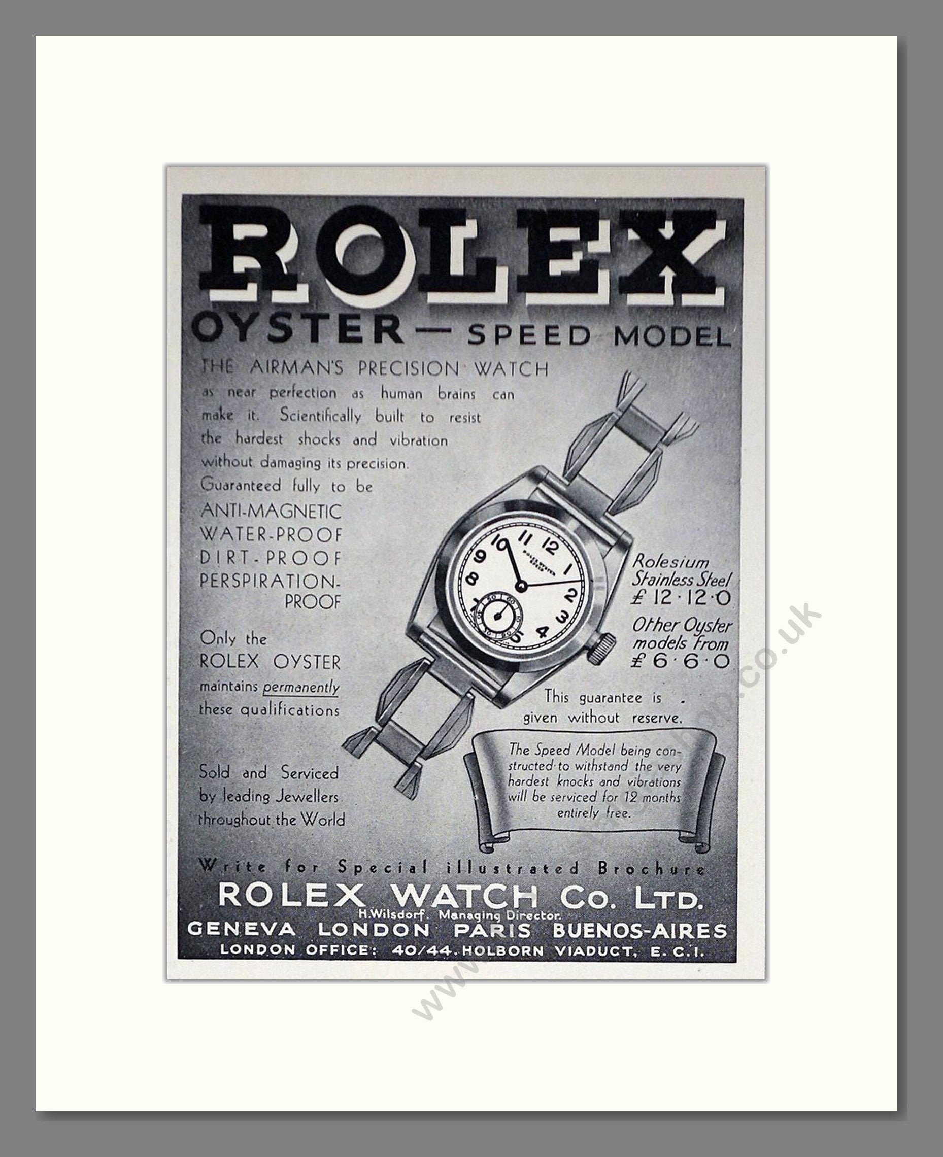 Rolex - Oyster Speed. Vintage Advert 1937 (ref AD66515)
