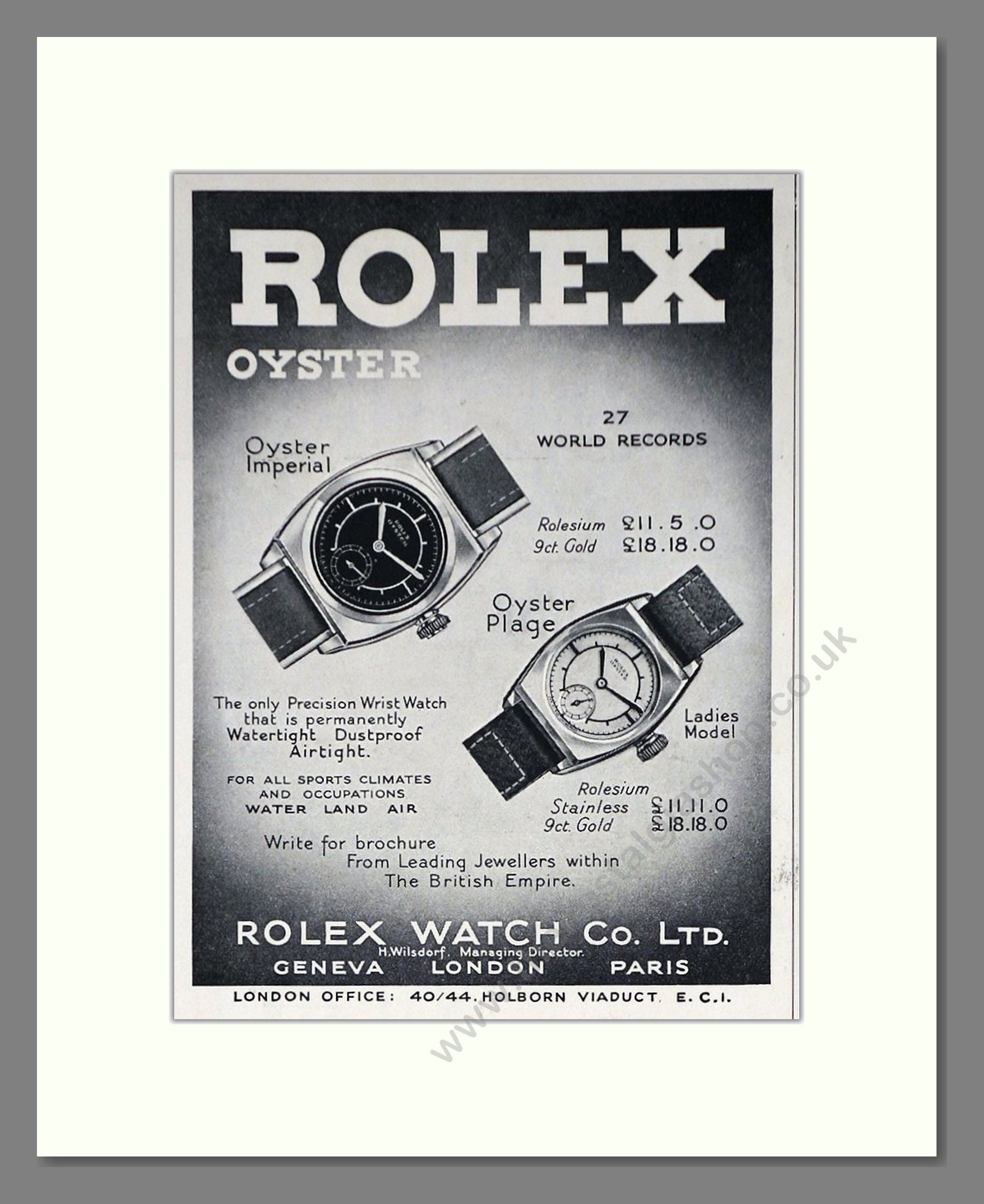 Rolex - Oyster / Plague. Vintage Advert 1934 (ref AD66517)
