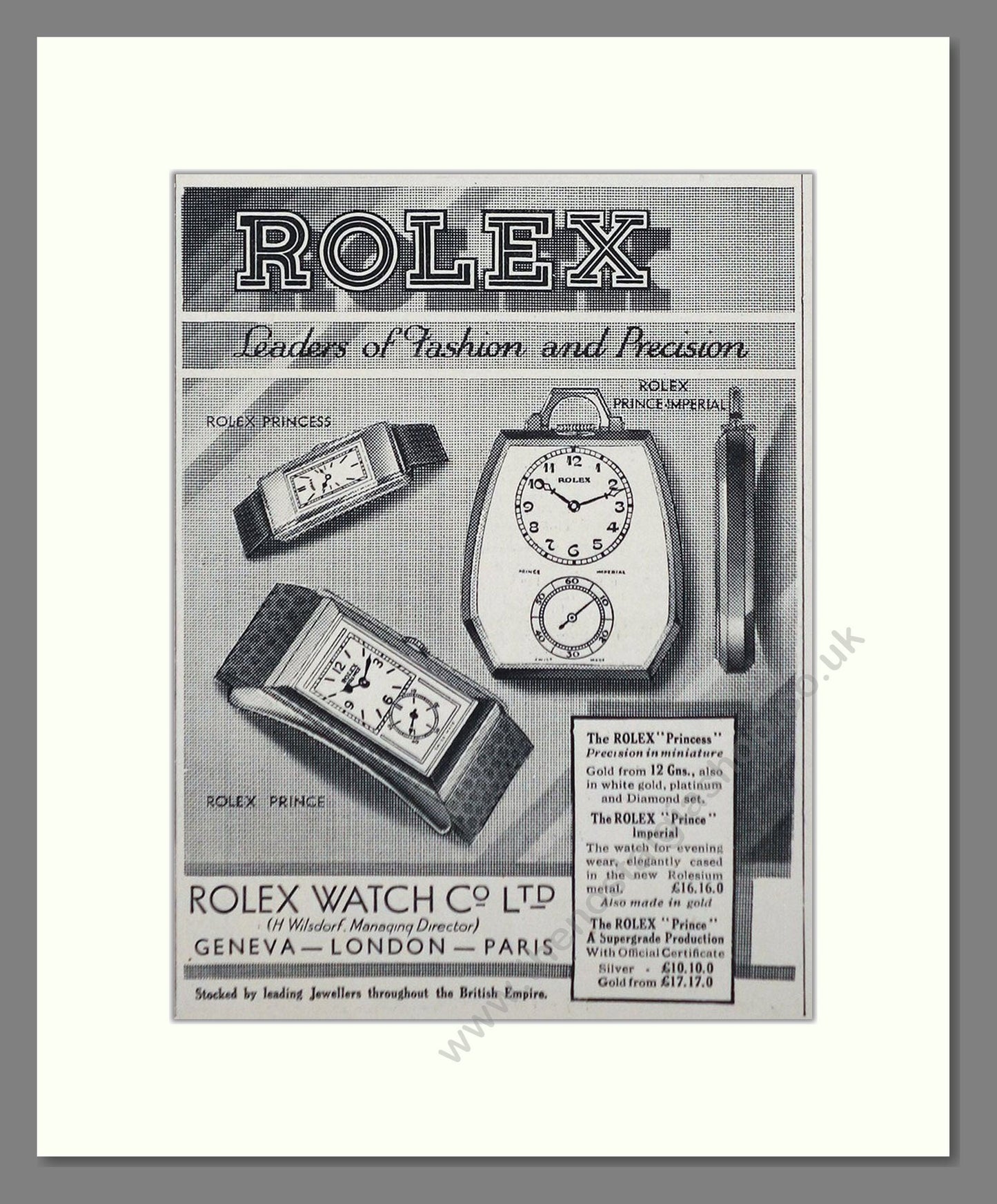 Rolex - Princess / Prince / Prince Imperial. Vintage Advert 1933 (ref AD66520)