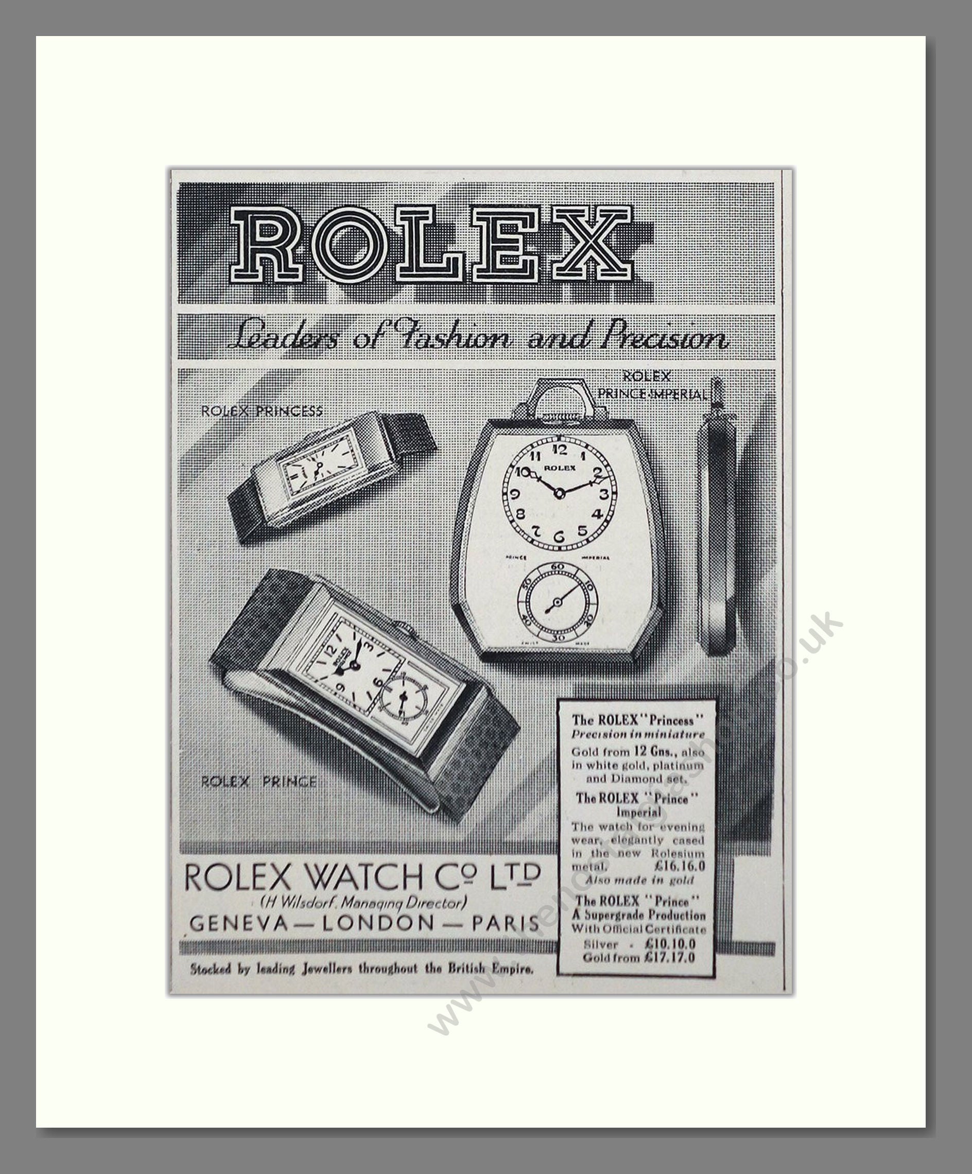 Rolex - Princess / Prince / Prince Imperial. Vintage Advert 1933 (ref AD66520)