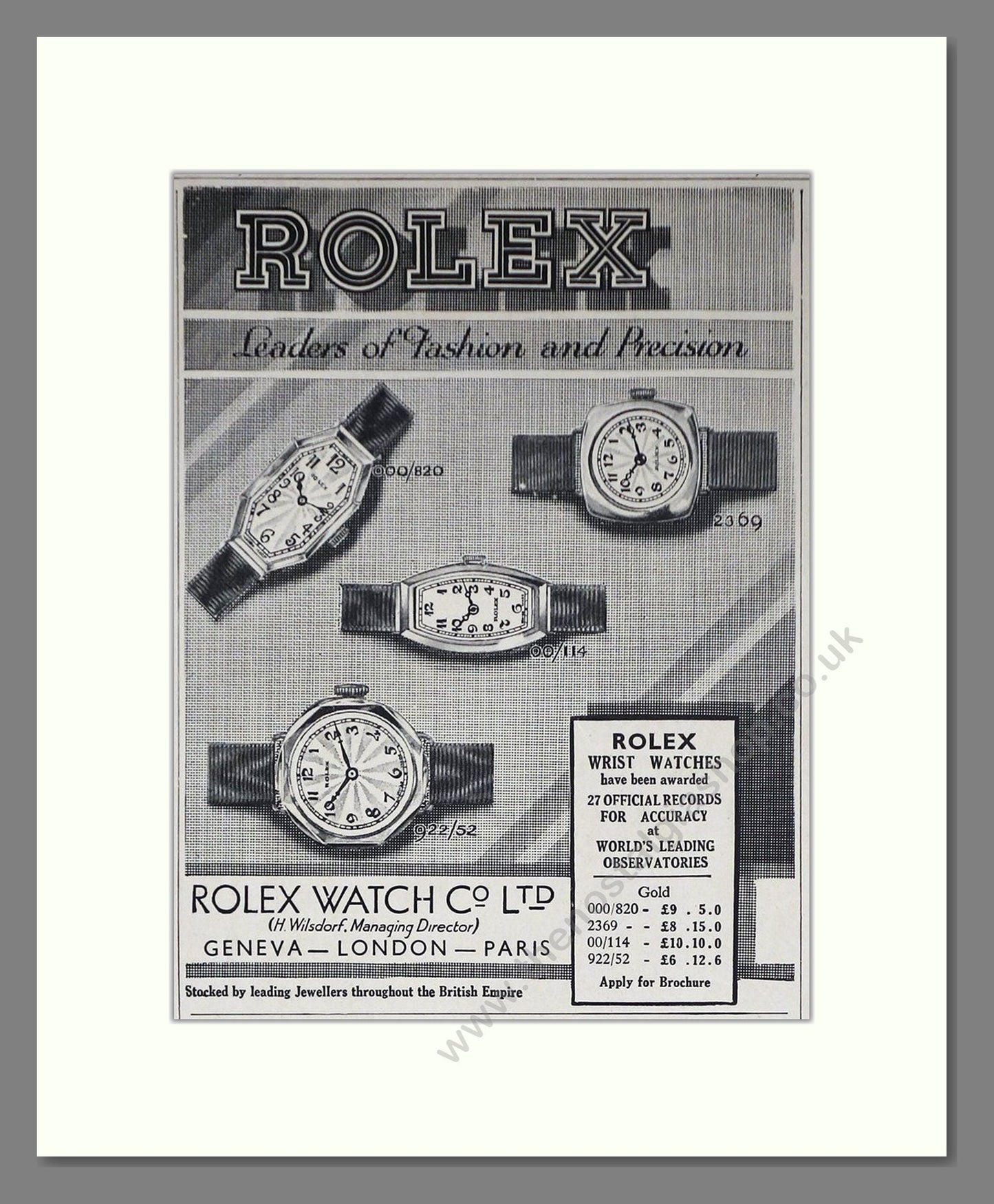 Rolex - Gold Wrist Watches. Vintage Advert 1933 (ref AD66523)