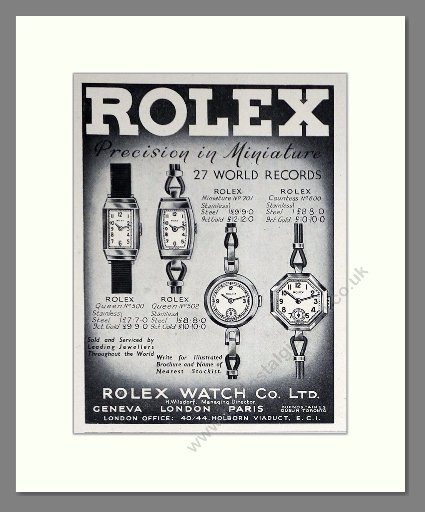 Rolex - Precision In Miniature / Queen / Countess. Vintage Advert 1938 (ref AD66524)
