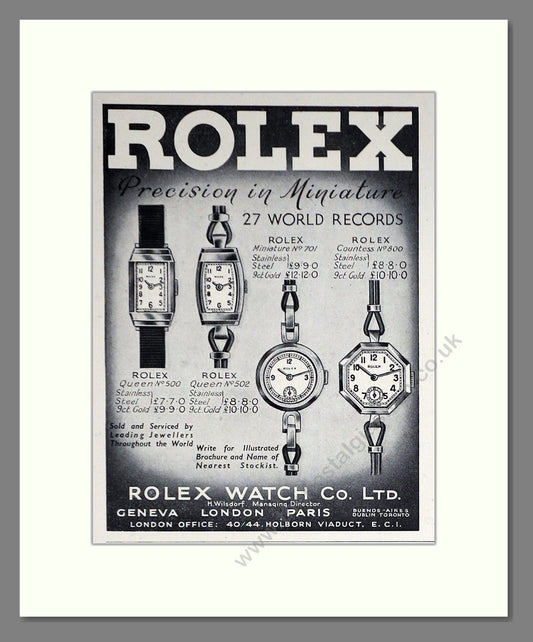 Rolex - Precision In Miniature / Queen / Countess. Vintage Advert 1938 (ref AD66524)