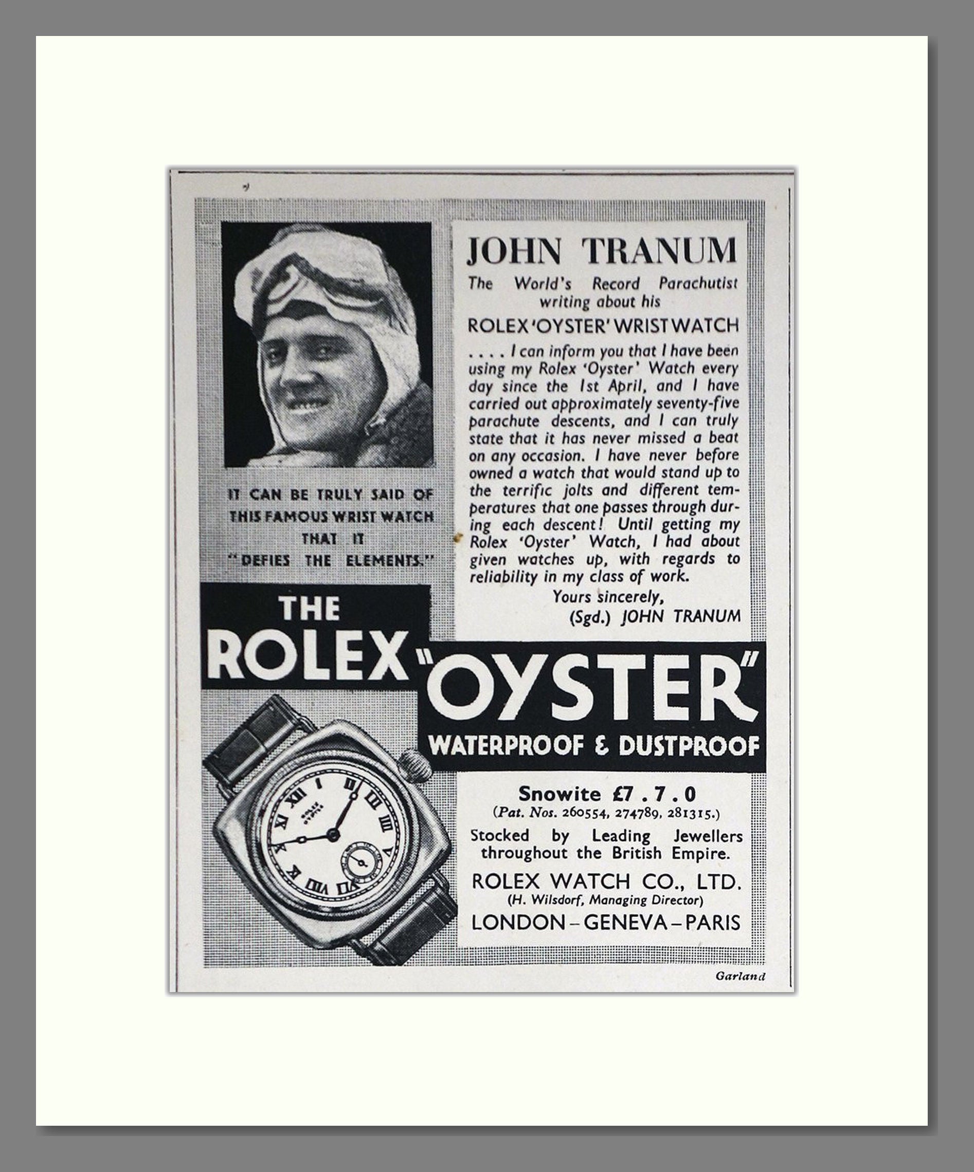 Rolex - Oyster. Vintage Advert 1933 (ref AD66525)