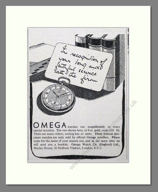 Omega - Long Service Pocket Watch. Vintage Advert 1938 (ref AD66527)