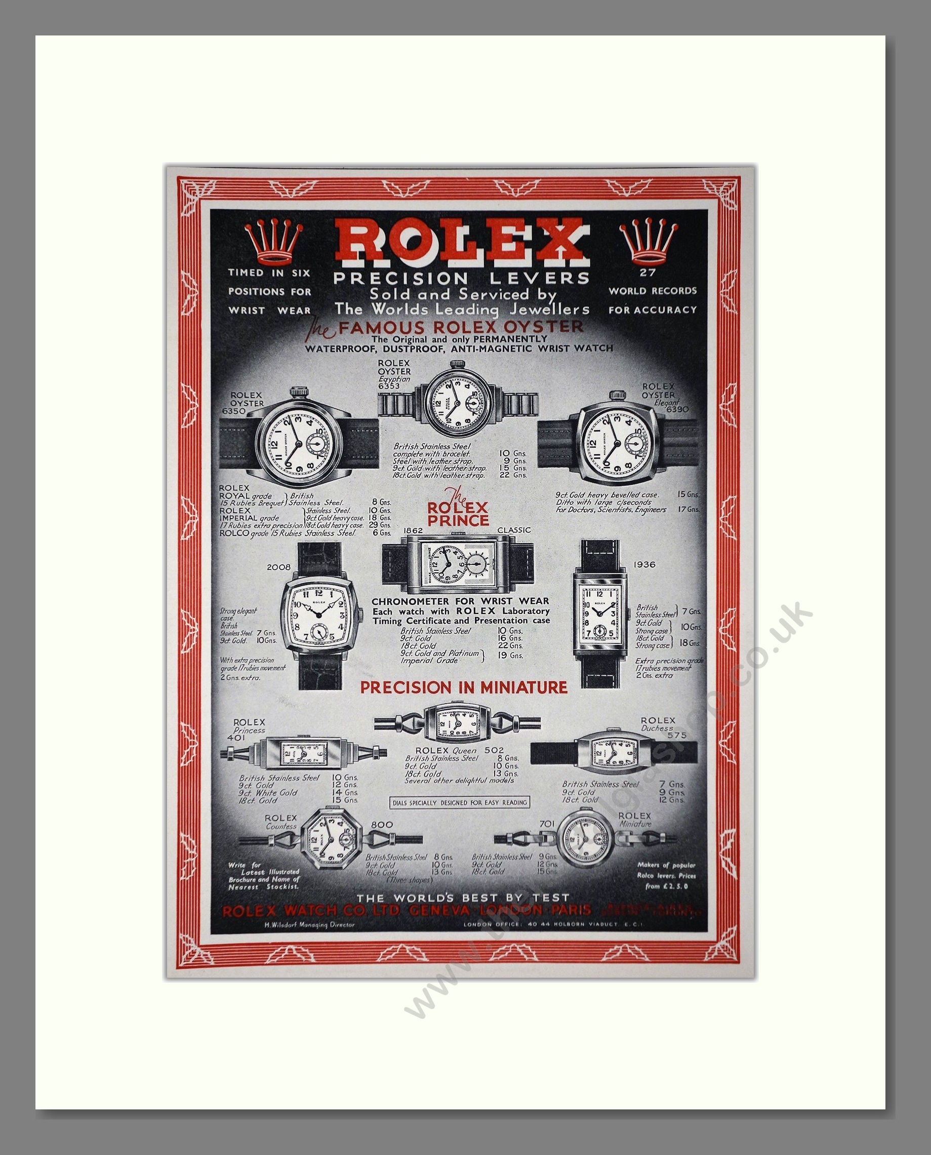 Rolex - Oyster / Prince / Precision In Miniature. Vintage Advert 1936 (ref AD66531)