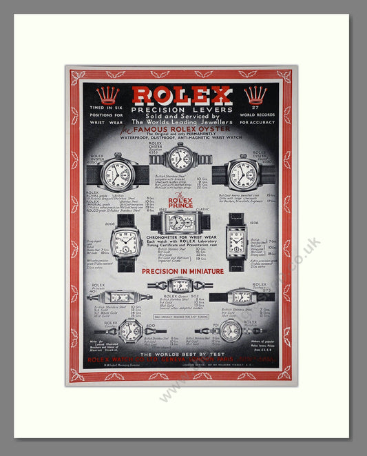 Rolex - Oyster / Prince / Precision In Miniature. Vintage Advert 1936 (ref AD66531)