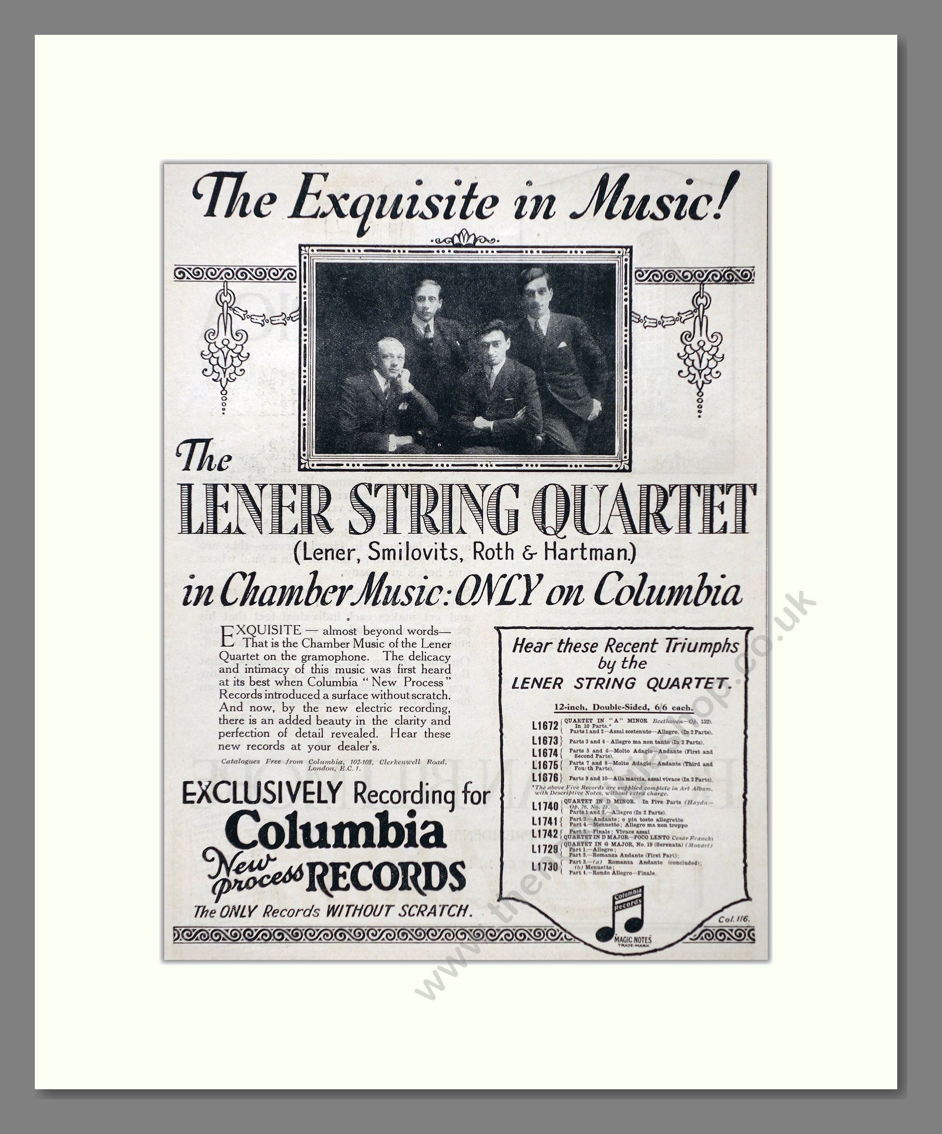 Lener String Quartet - Chamber Music. Vintage Advert 1926 (ref AD66337)