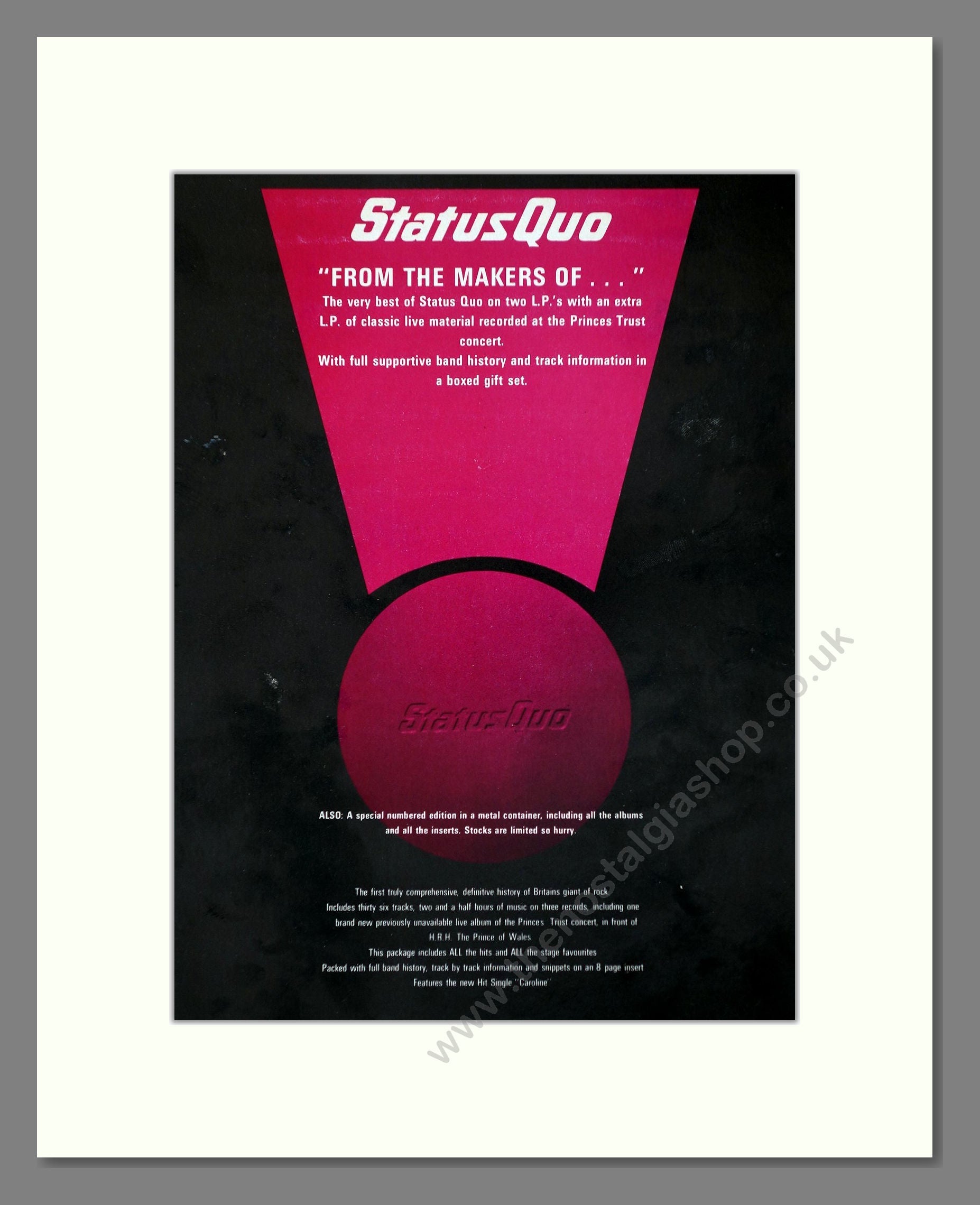 Status Quo - From The Makers Of. Vintage Advert 1982 (ref AD66368)