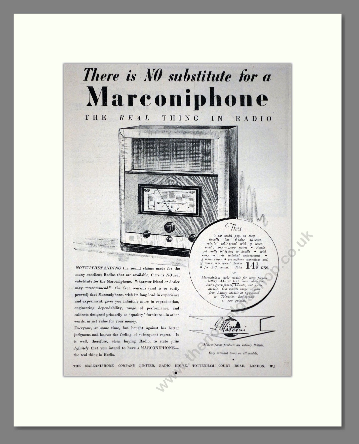 Marconi - Marconiphone Radio. Vintage Advert 1937 (ref AD66614)