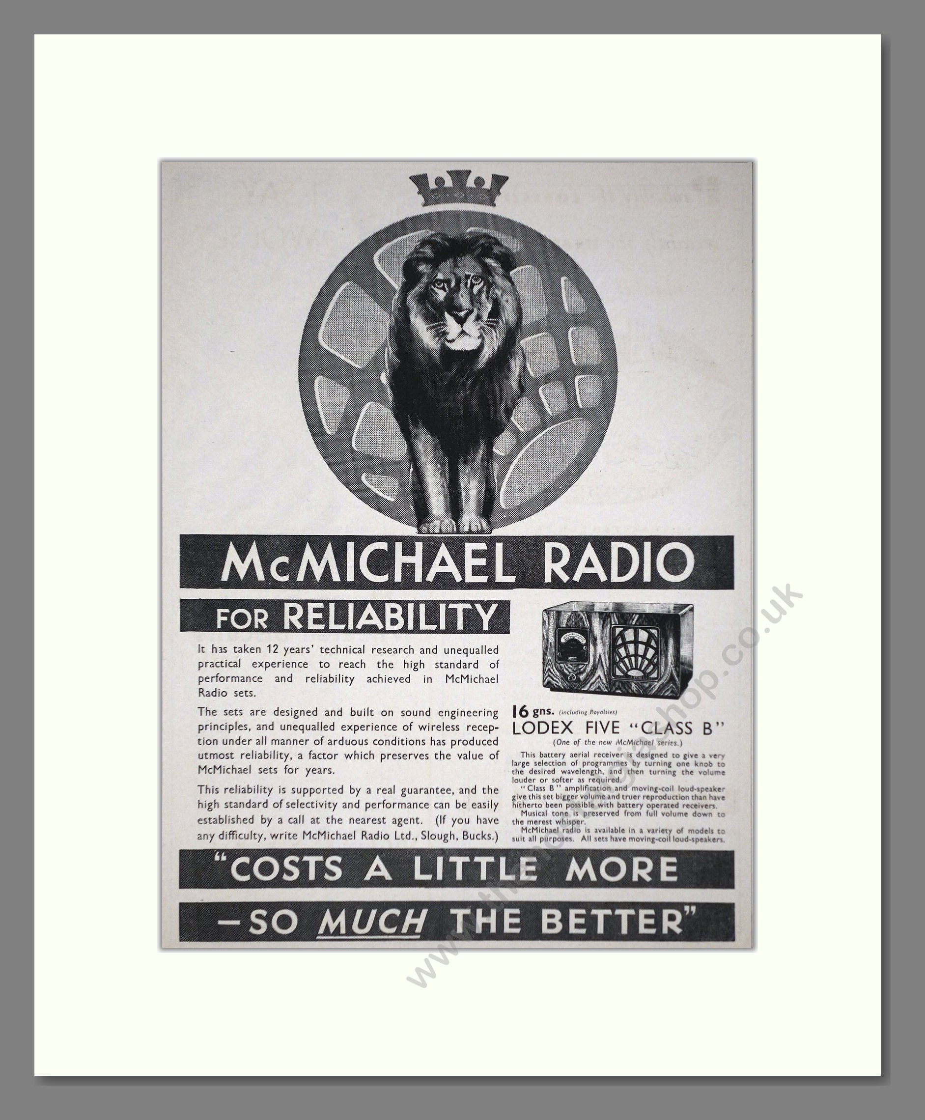 McMichael - Lodex Five Class B Radio. Vintage Advert 1933 (ref AD66623)