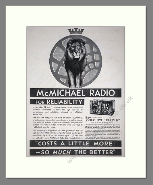 McMichael - Lodex Five Class B Radio. Vintage Advert 1933 (ref AD66623)