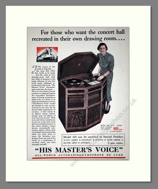 HMV His Master's Voice - Model 801. Vintage Advert 1937 (ref AD66638)