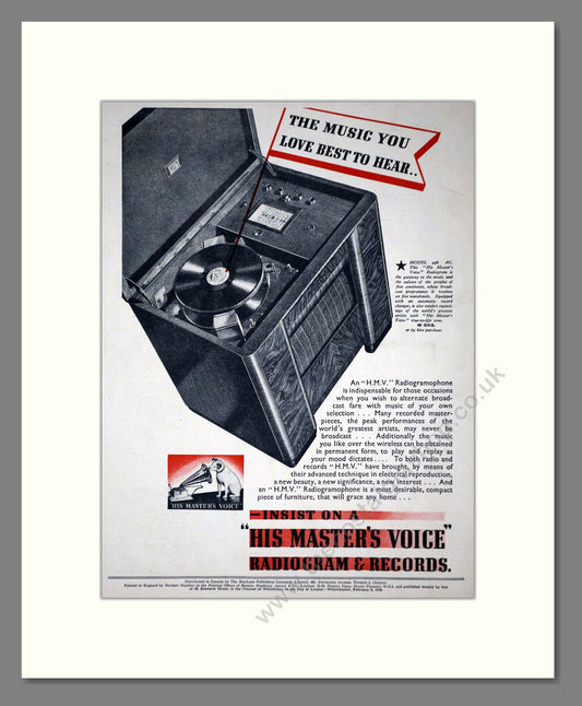 HMV His Master's Voice - Model 498. Vintage Advert 1938 (ref AD66644)