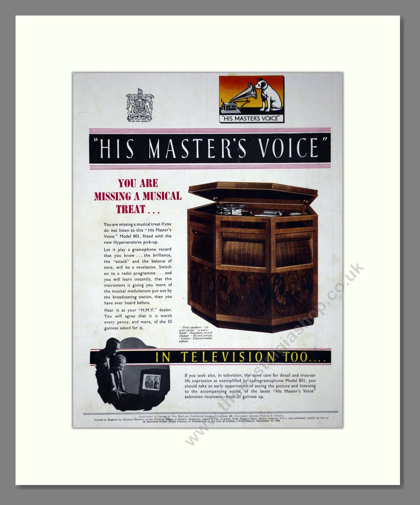 HMV His Master's Voice - Model 801. Vintage Advert 1939 (ref AD66645)