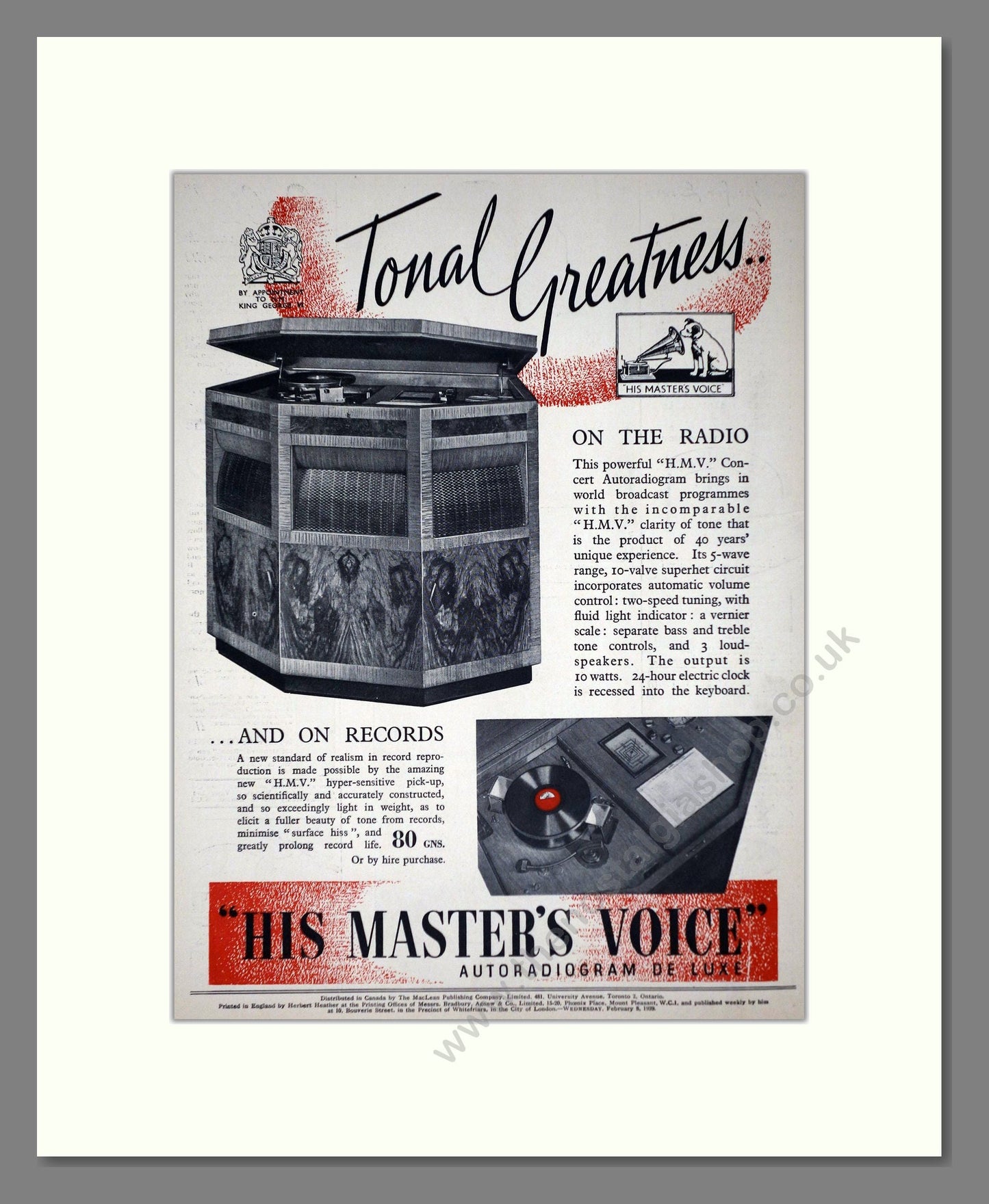 HMV His Master's Voice - Concert Autoradiogram. Vintage Advert 1939 (ref AD66646)