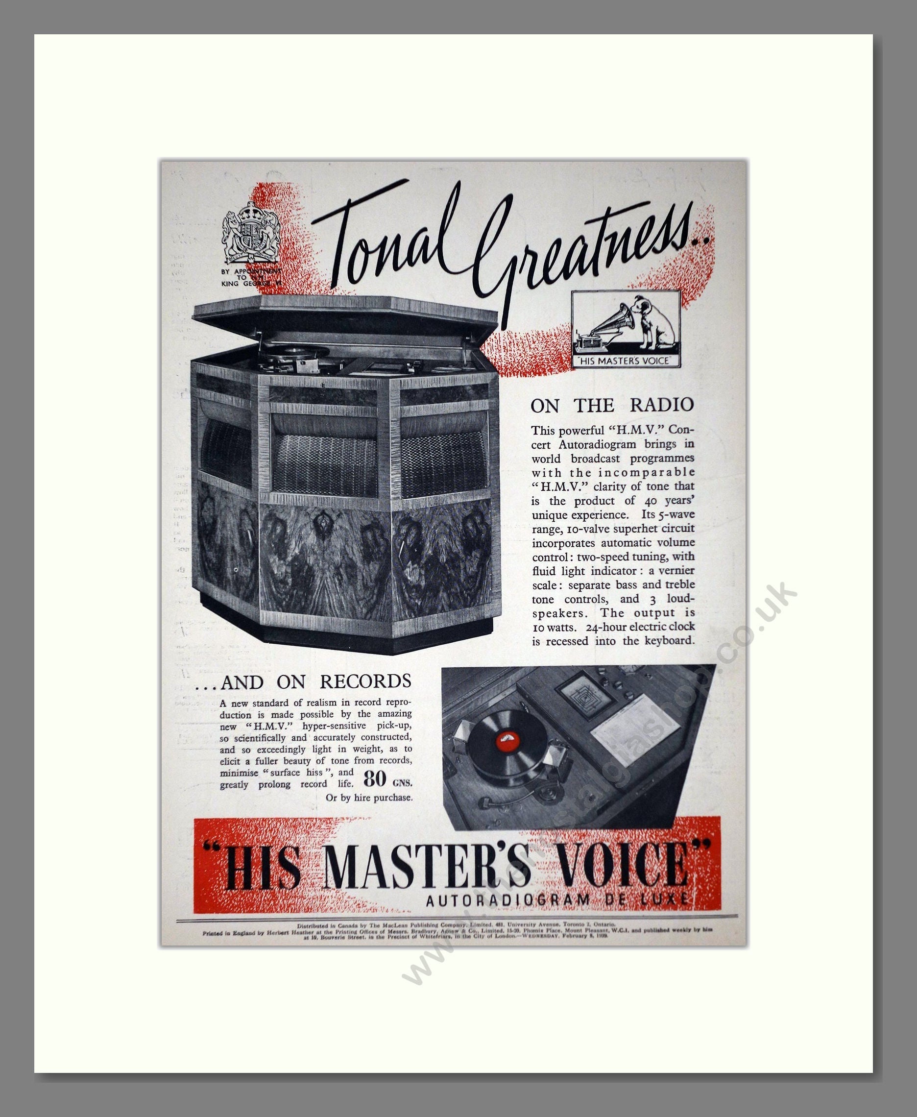 HMV His Master's Voice - Concert Autoradiogram. Vintage Advert 1939 (ref AD66646)