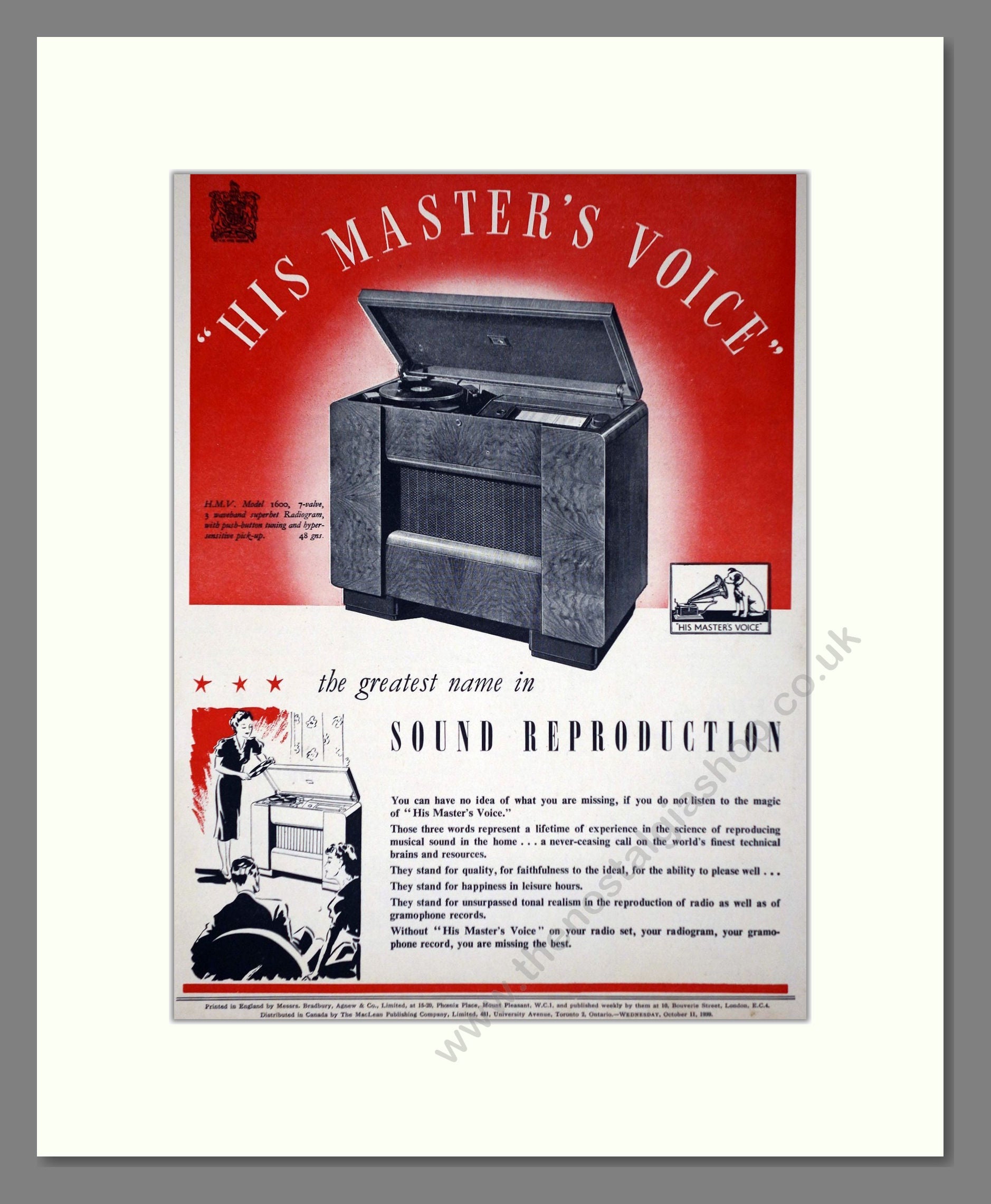 HMV His Master's Voice - Model 1600. Vintage Advert 1939 (ref AD66647)