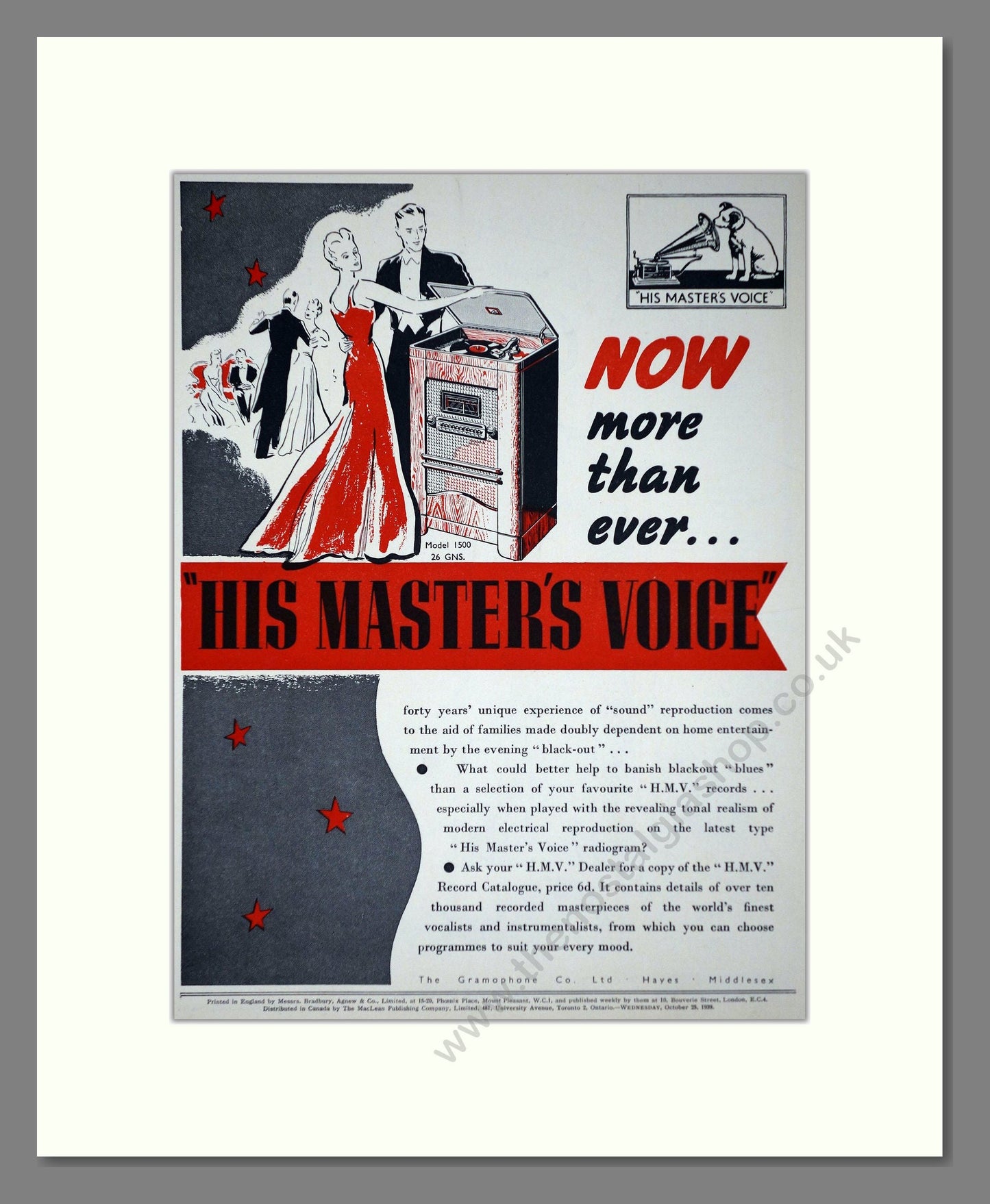 HMV His Master's Voice - Model 1500. Vintage Advert 1939 (ref AD66648)