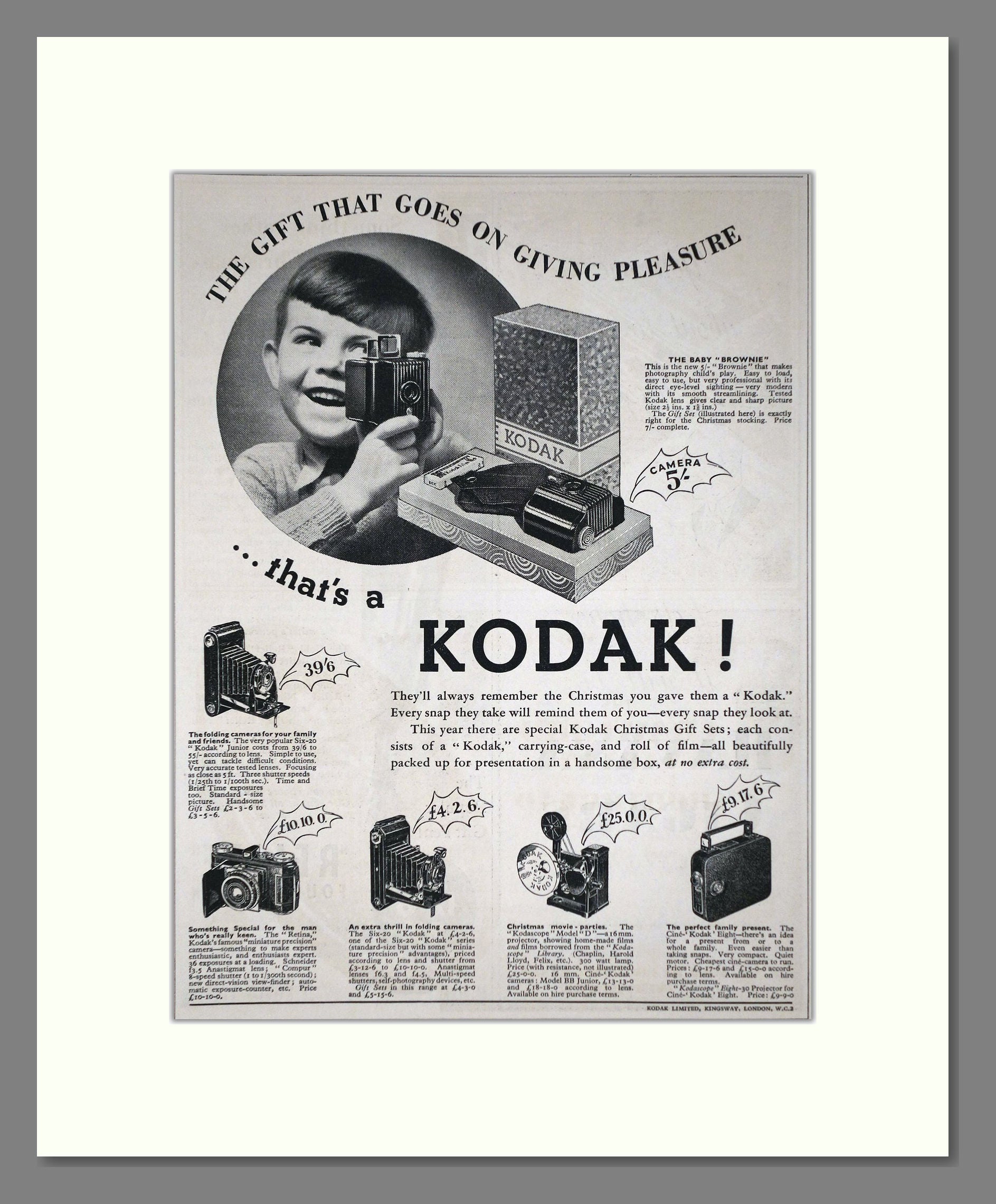 Kodak - The Gift That Goes On Giving Pleasure. Vintage Advert 1935 (ref AD66763)