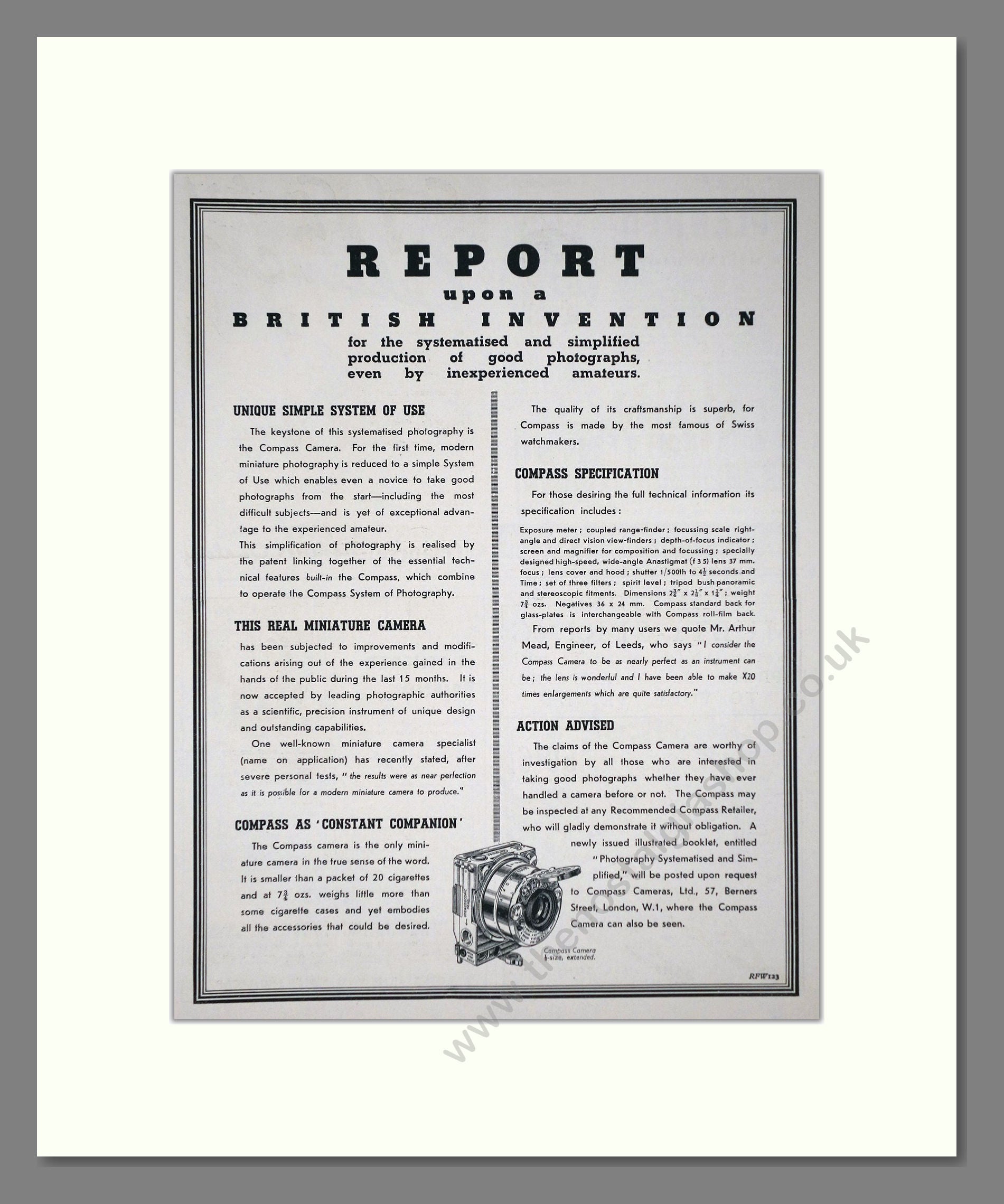 Compass - Camera System. Vintage Advert 1938 (ref AD66777)