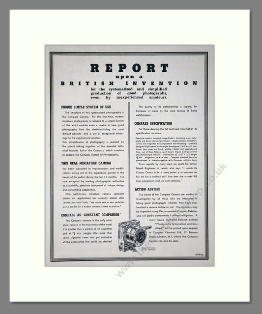 Compass - Camera System. Vintage Advert 1938 (ref AD66777)