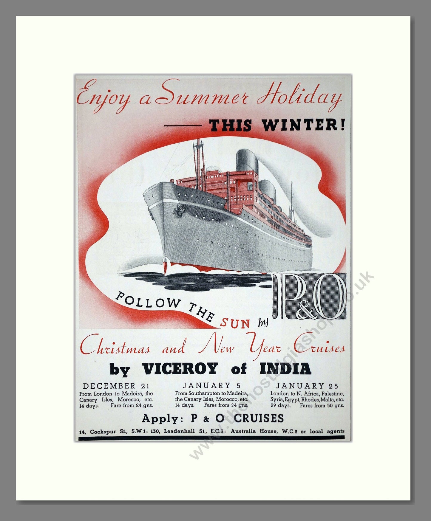 P And O - Viceroy Of India Christmas Cruise. Vintage Advert 1934 (ref AD66651)