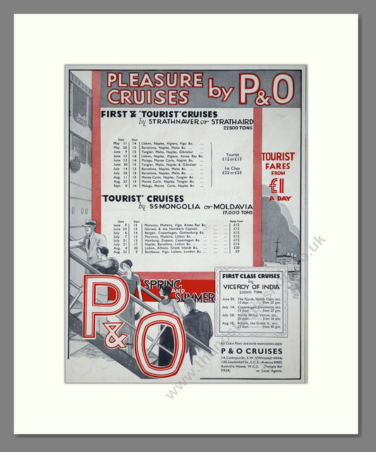 P And O - Strathnavar / Mongolia Ships. Vintage Advert 1934 (ref AD66653)