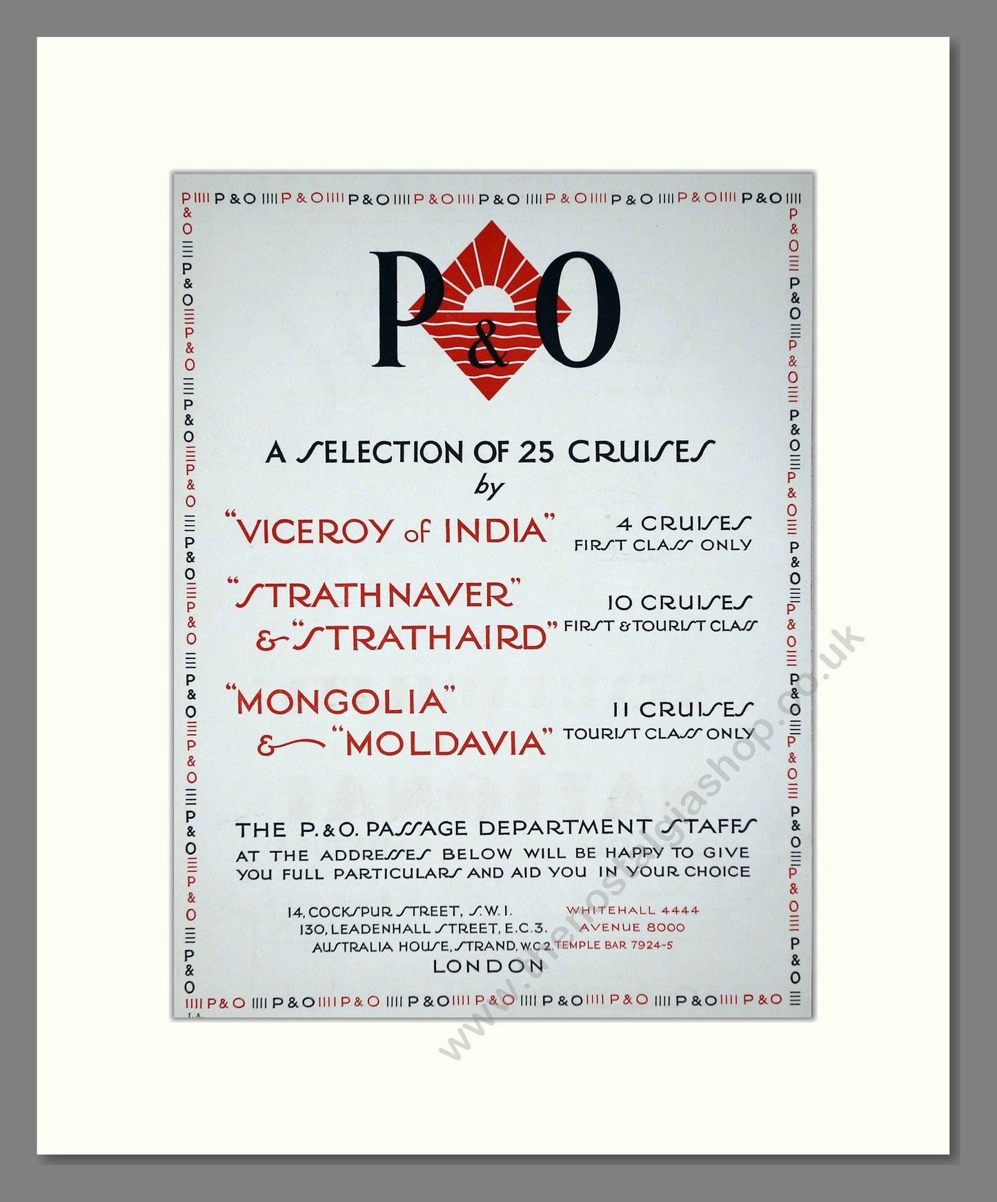 P And O - Viceroy Of India / Strathnaver / Mongolia Ships. Vintage Advert 1935 (ref AD66654)