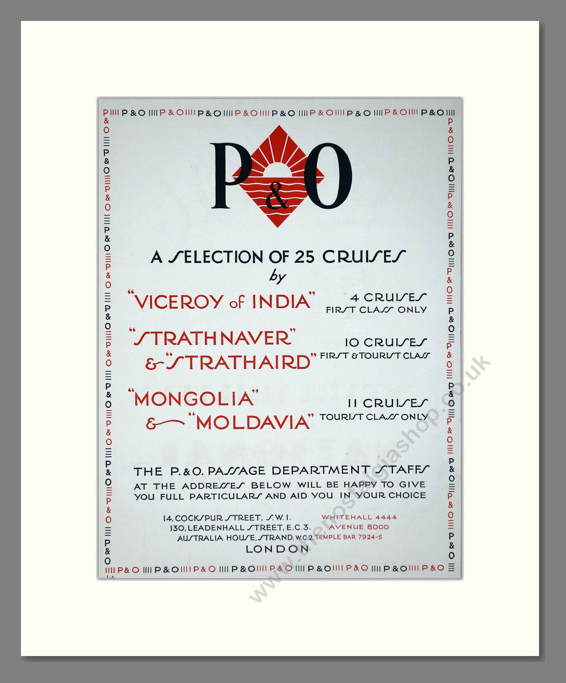 P And O - Viceroy Of India / Strathnaver / Mongolia Ships. Vintage Advert 1935 (ref AD66654)