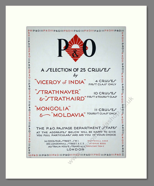 P And O - Viceroy Of India / Strathnaver / Mongolia Ships. Vintage Advert 1935 (ref AD66654)